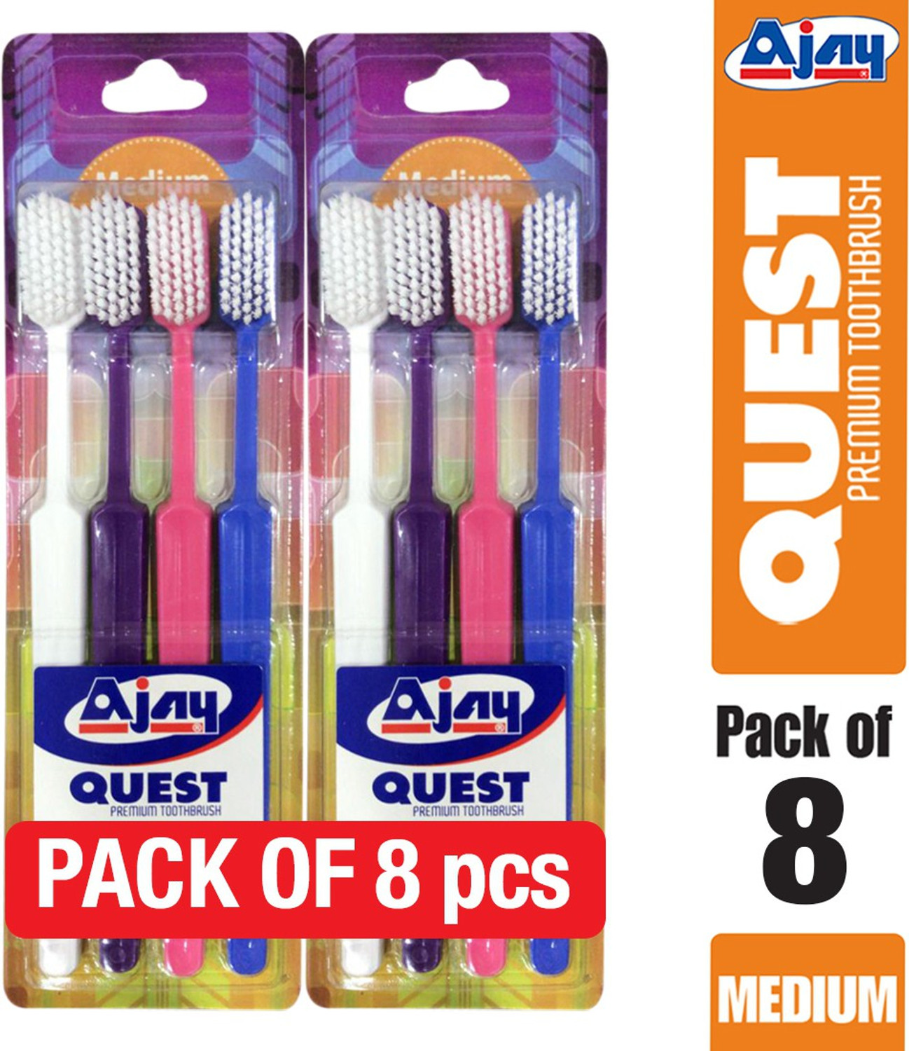 Image of Ajay Quest Offer Pack of 8 Pcs (Medium) Medium Toothbrush