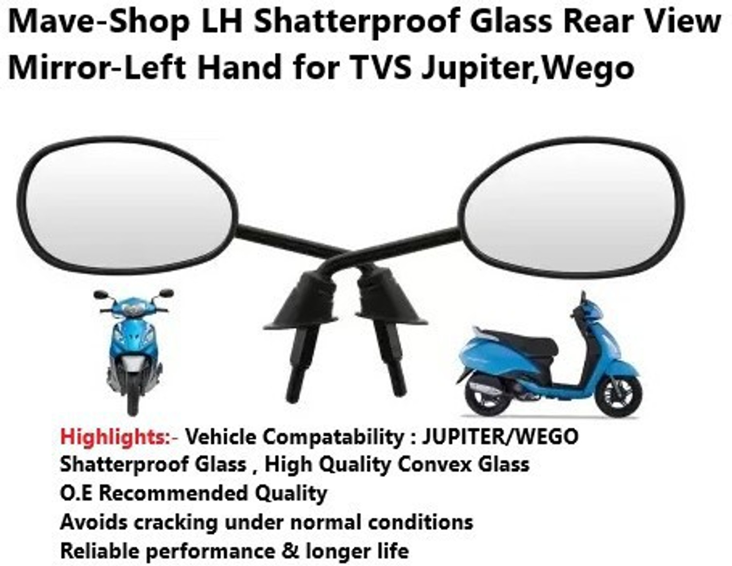 Image of Mvaeshop Manual Rear View Mirror, Passenger Side, Driver Side For TVS Jupiter, Wego