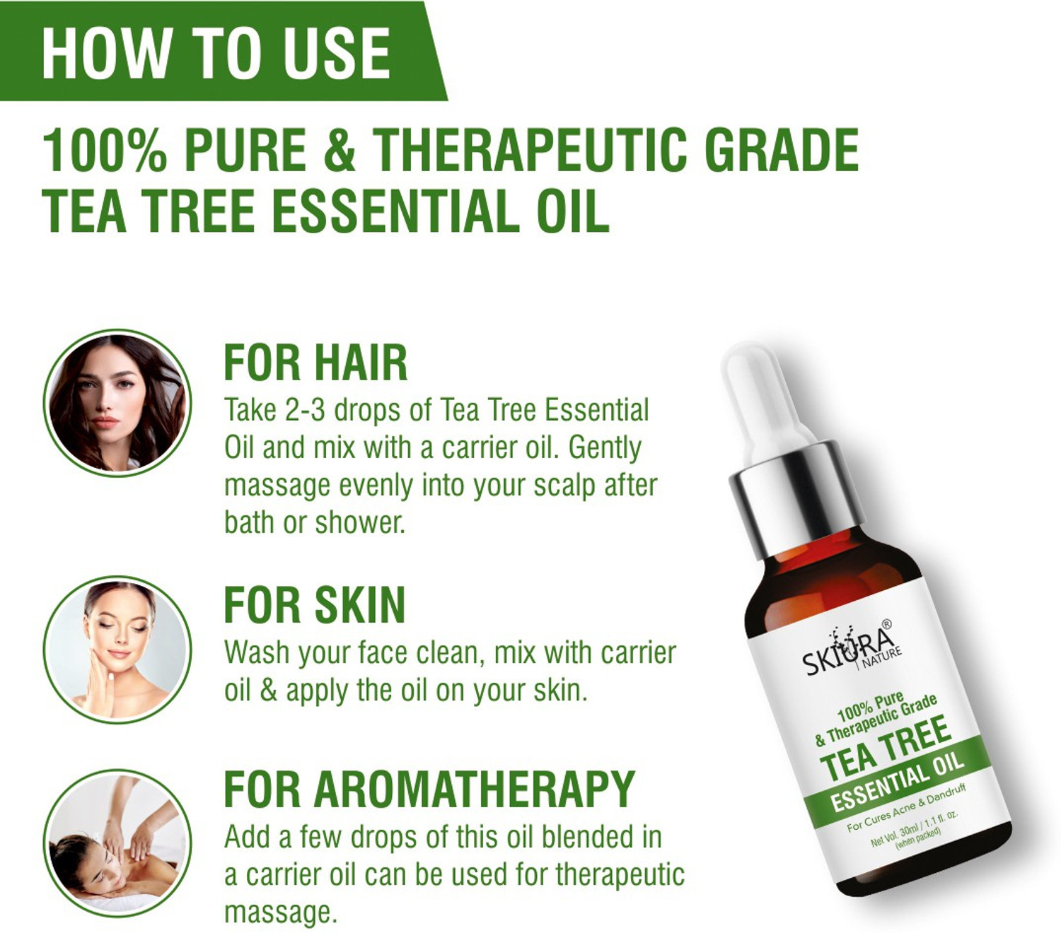 Image of Skiura Nature Pure Tea Tree Oil For Anti Dandruff, Anti Hair Fall & Hair Growth Combo of 2 Hair Oil