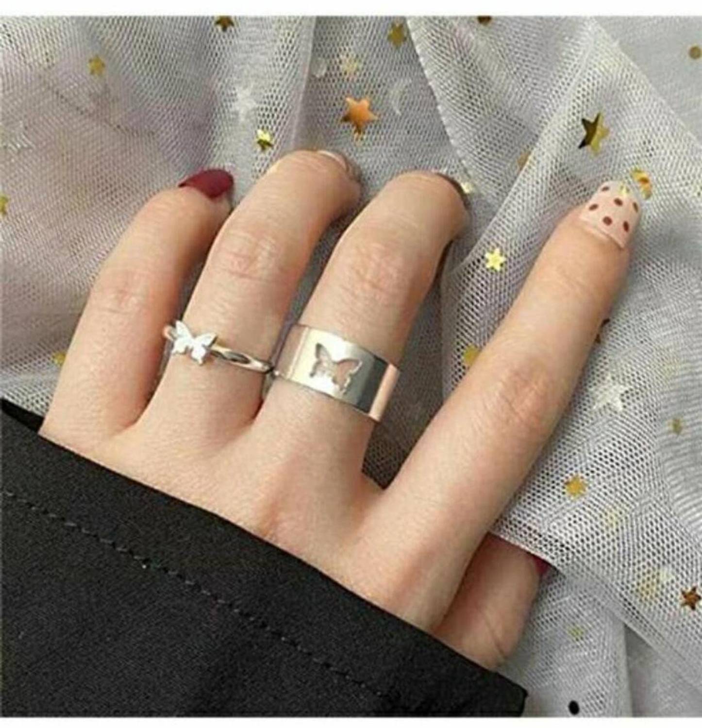 Charming treasures Stylish Butterfly Adjustable Couple Ring for Couples Alloy Silver Plated Ring Set