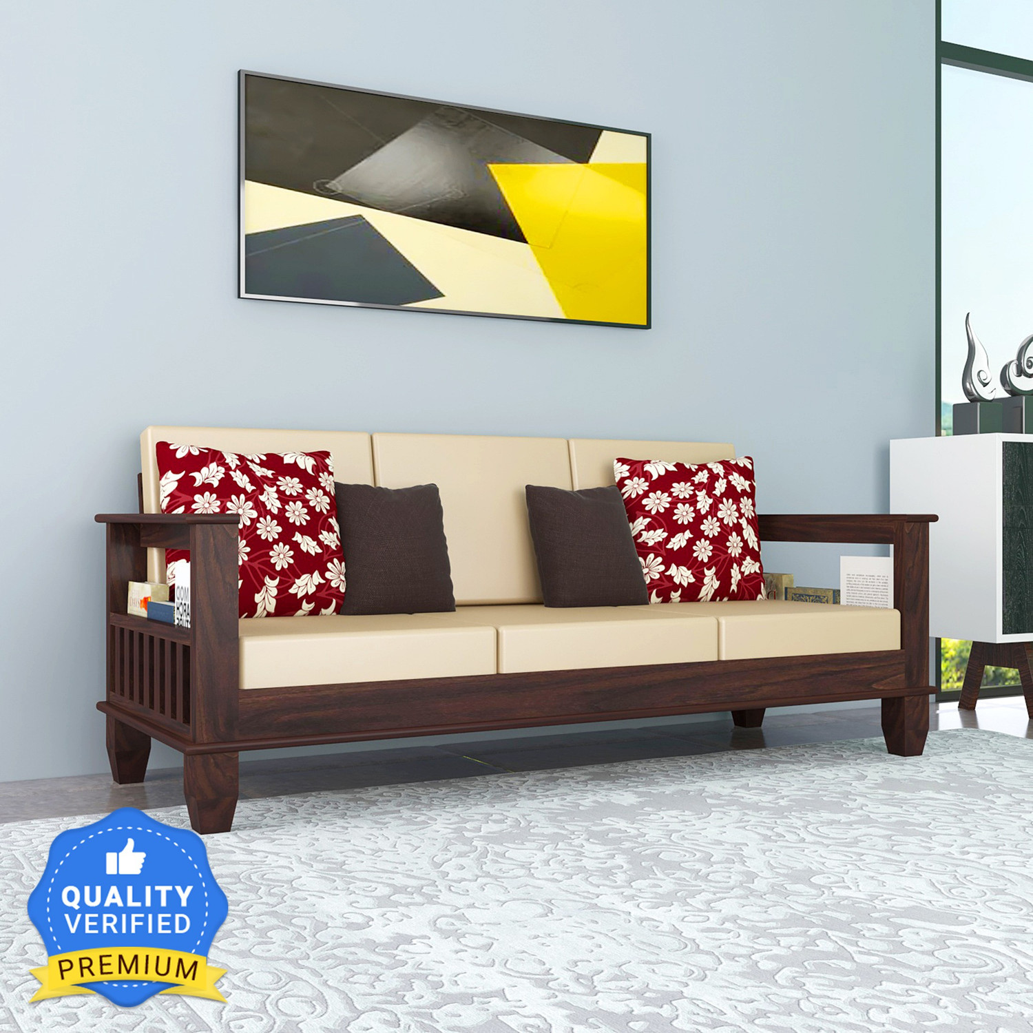 Image of Kendalwood Furniture Solid Wood 3 Seater Wooden Sofa set for living Room Furniture Fabric 3 Seater Sofa