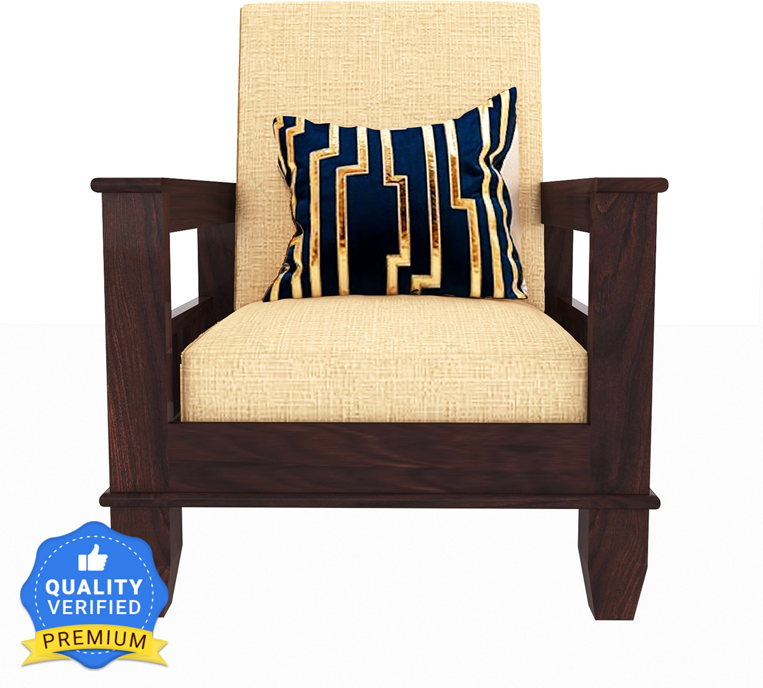 Image of Kendalwood Furniture Solid Wood 1 Seater Wooden Sofa set for living Room Furniture Fabric 1 Seater Sofa