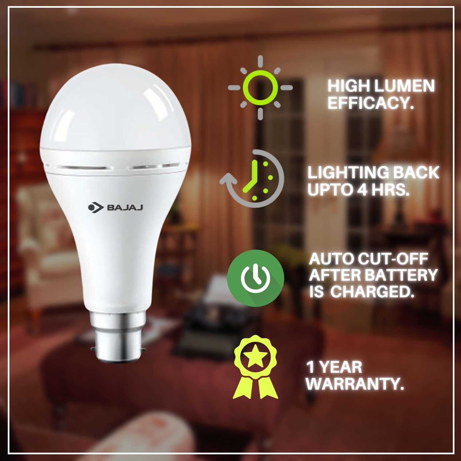 Image of BAJAJ 20W B22 WHITE INVERTER LED BULB PACK OF-01 4 hrs Bulb Emergency Light