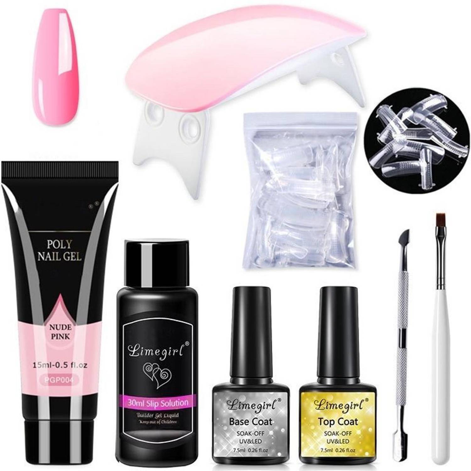24x7eMall Pink Acrylic Gel Poly Nail Gel Extension Set With Fake Nails, UV Lamp, Tools
