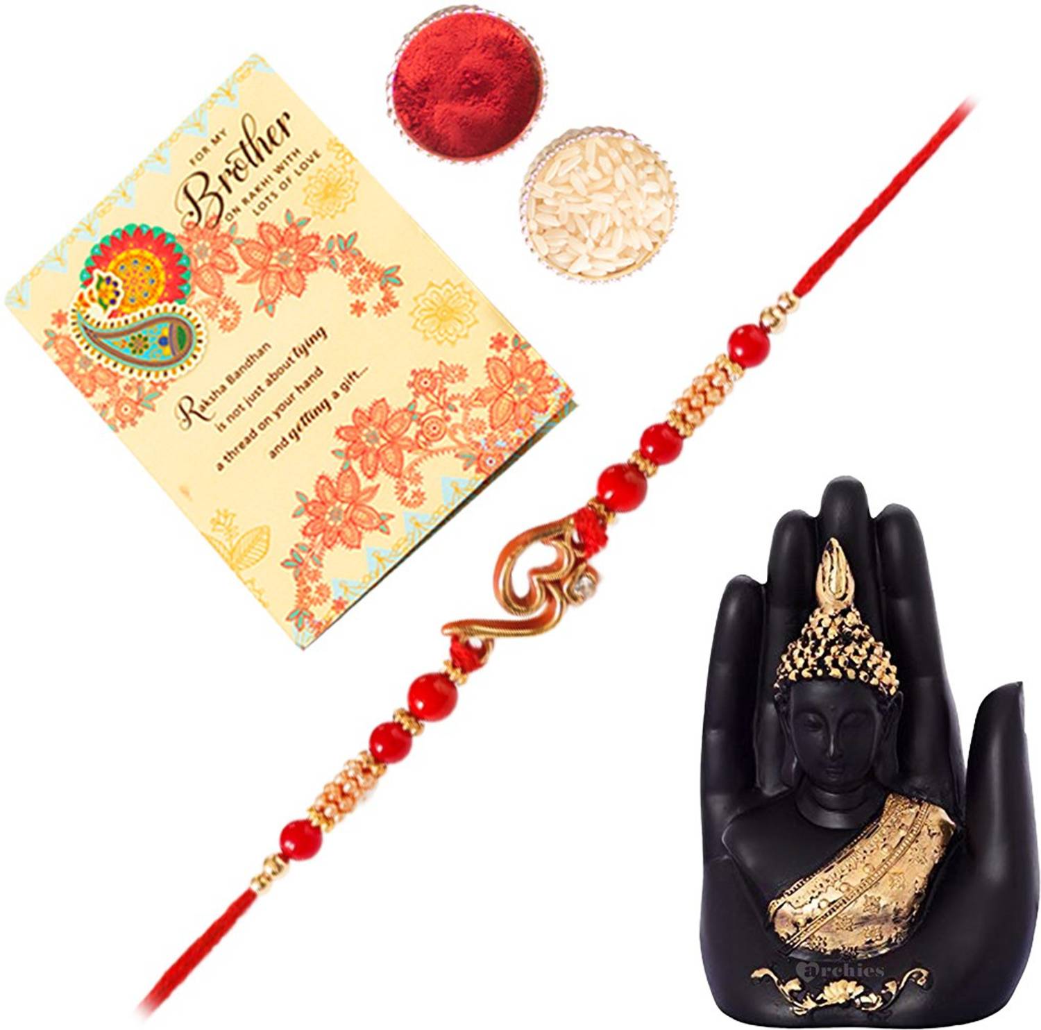 Designer POL_02_1581_RC_CARD Assorted Rakhi, Mug, Chawal Roli Pack, Greeting Card Set by ARCHIES