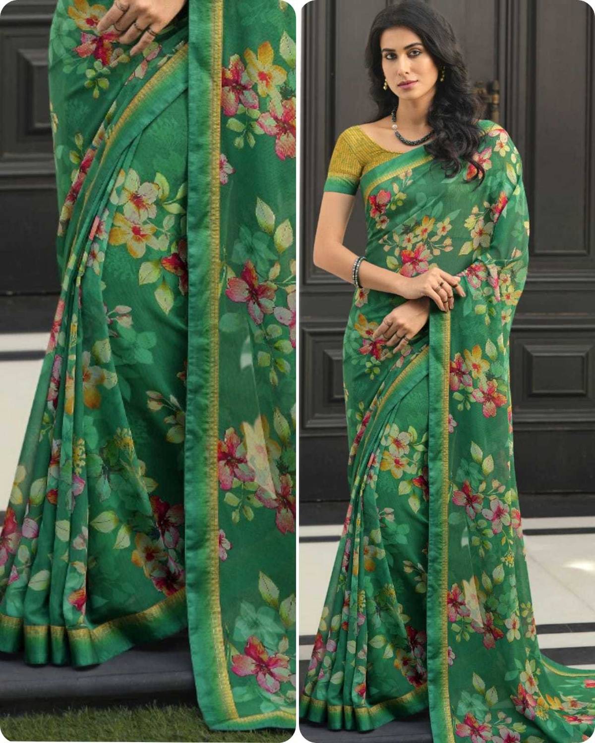 DIKONA DESIGNER Printed, Self Design, Graphic Print, Floral Print, Checkered, Solid/Plain Bollywood Georgette, Chiffon Saree