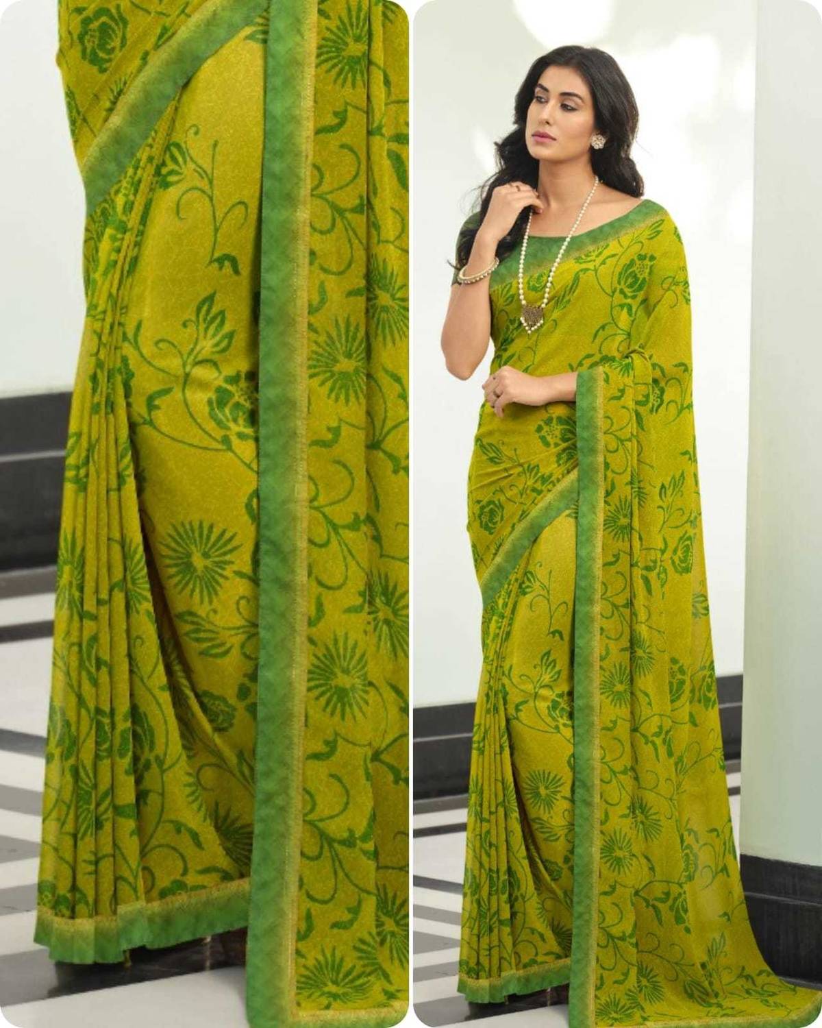 DIKONA DESIGNER Printed, Self Design, Graphic Print, Floral Print, Checkered, Solid/Plain Bollywood Georgette, Chiffon Saree
