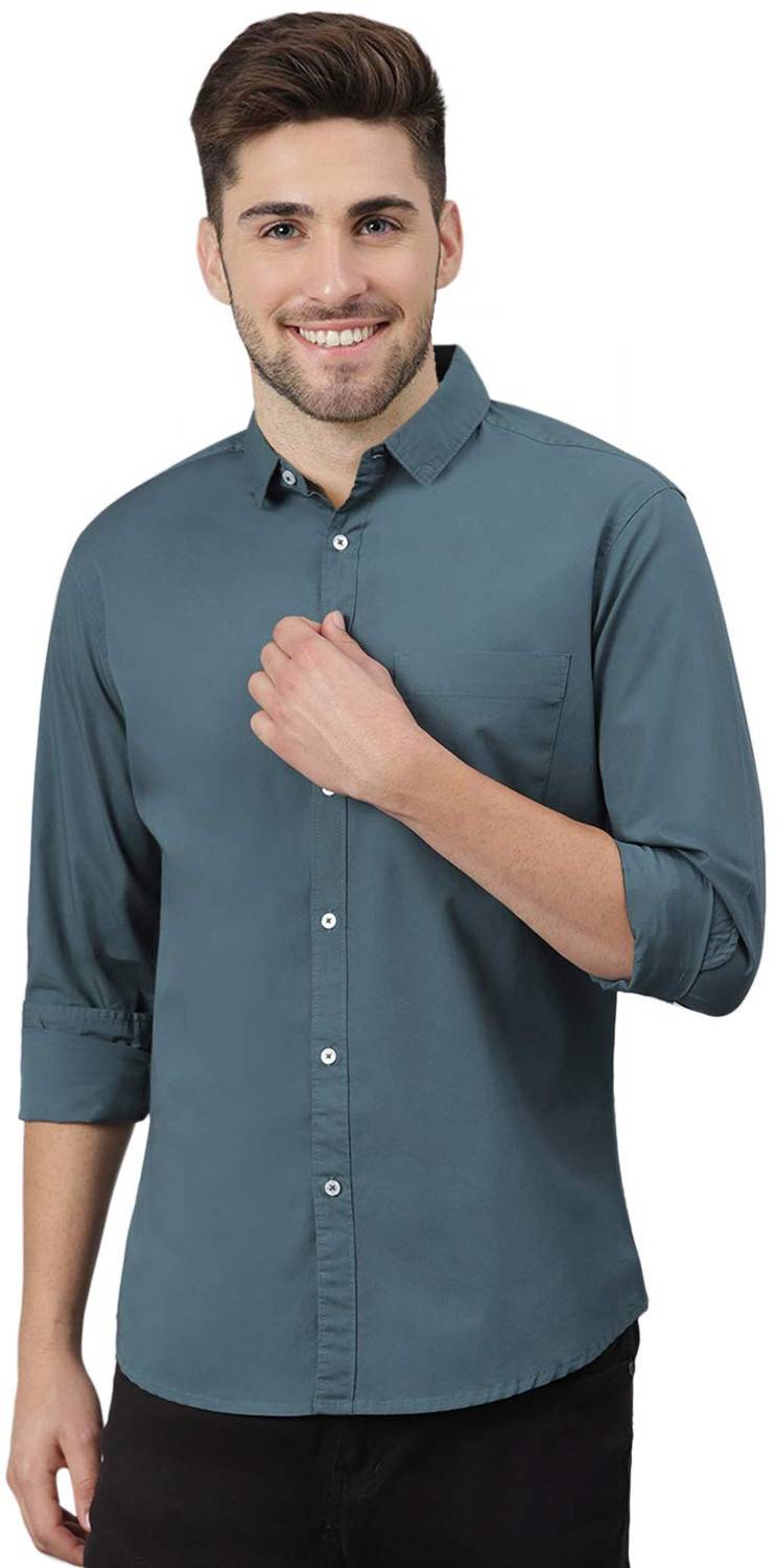AmericanGolf Men Solid Casual Blue Shirt