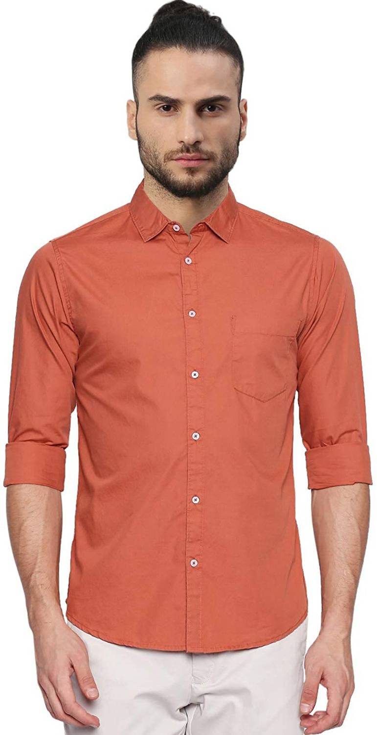 AmericanGolf Men Solid Casual Orange Shirt