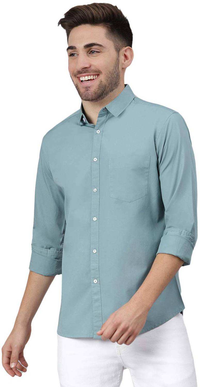 AmericanGolf Men Solid Casual Blue Shirt