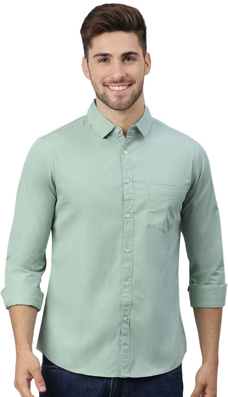 AmericanGolf Men Solid Casual Light Green Shirt