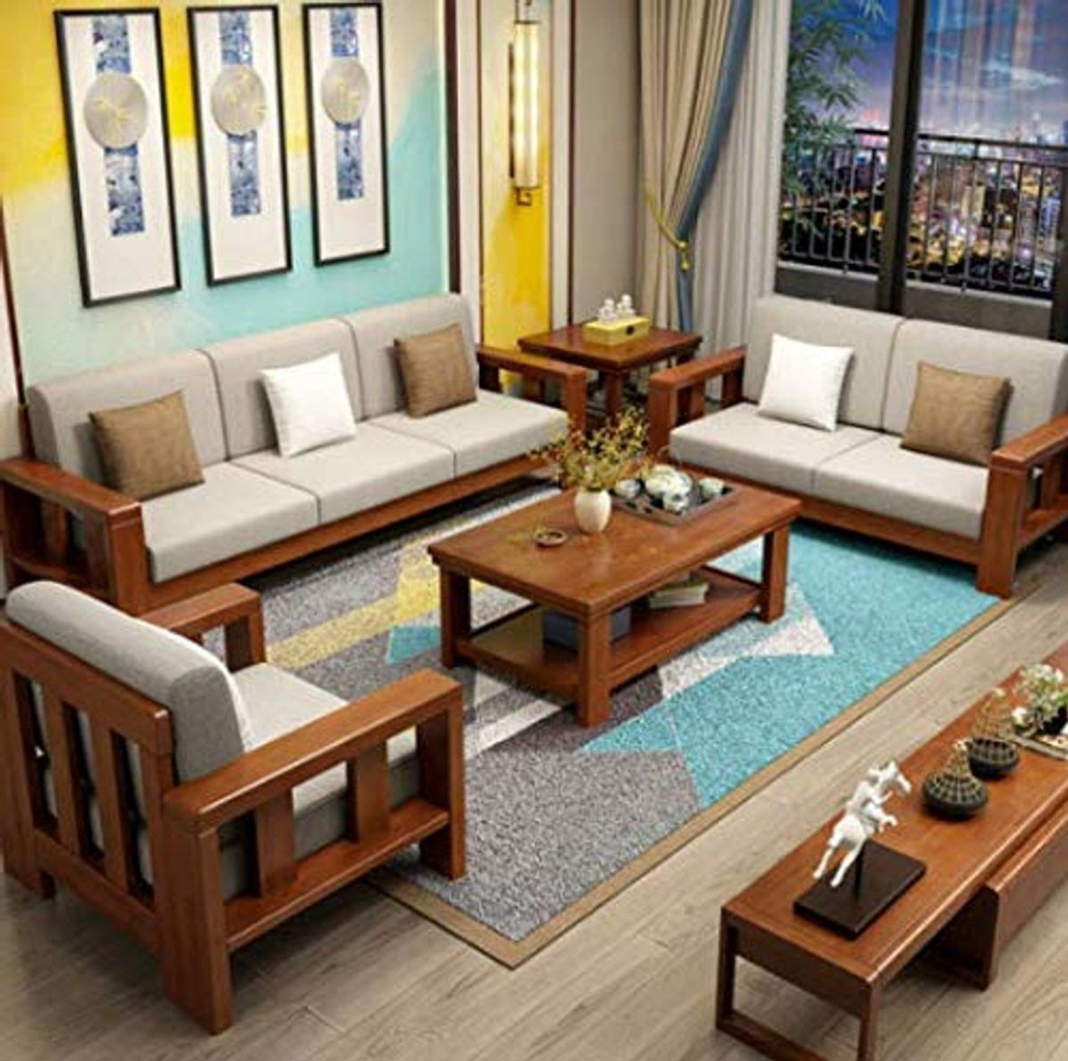 Image of HDWOOD Solid Sheesham Wood For Living Room / Office / Hotel / Cafe Fabric 3 + 2 + 1 Sofa Set