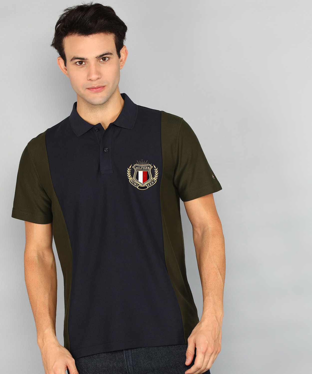 Image of TOMMY HILFIGER Colorblock Men Polo Neck Dark Green, Navy Blue T-Shirt