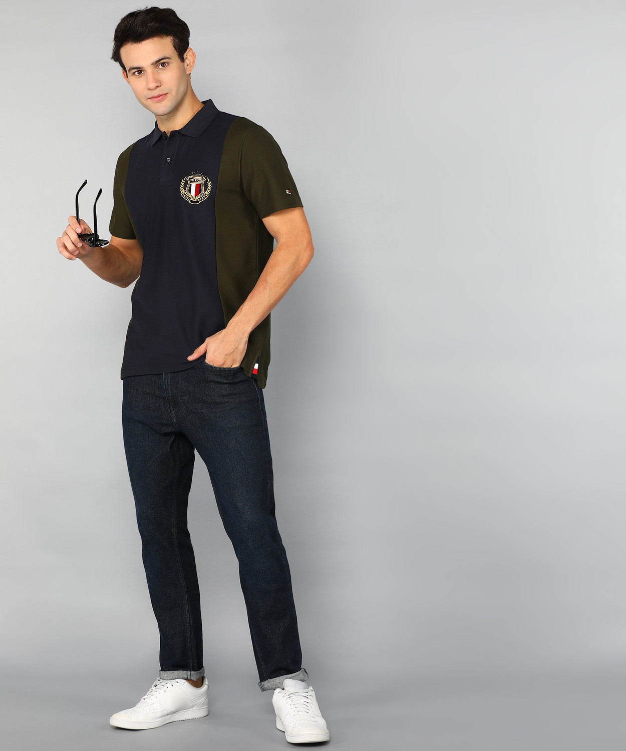 Image of TOMMY HILFIGER Colorblock Men Polo Neck Dark Green, Navy Blue T-Shirt