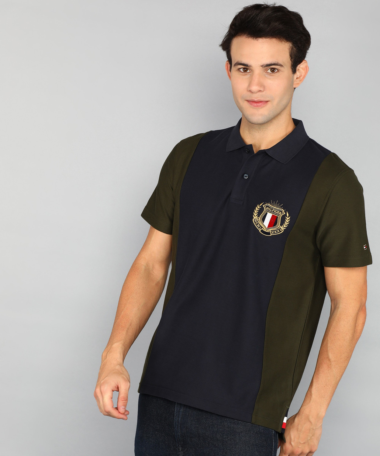 Image of TOMMY HILFIGER Colorblock Men Polo Neck Dark Green, Navy Blue T-Shirt
