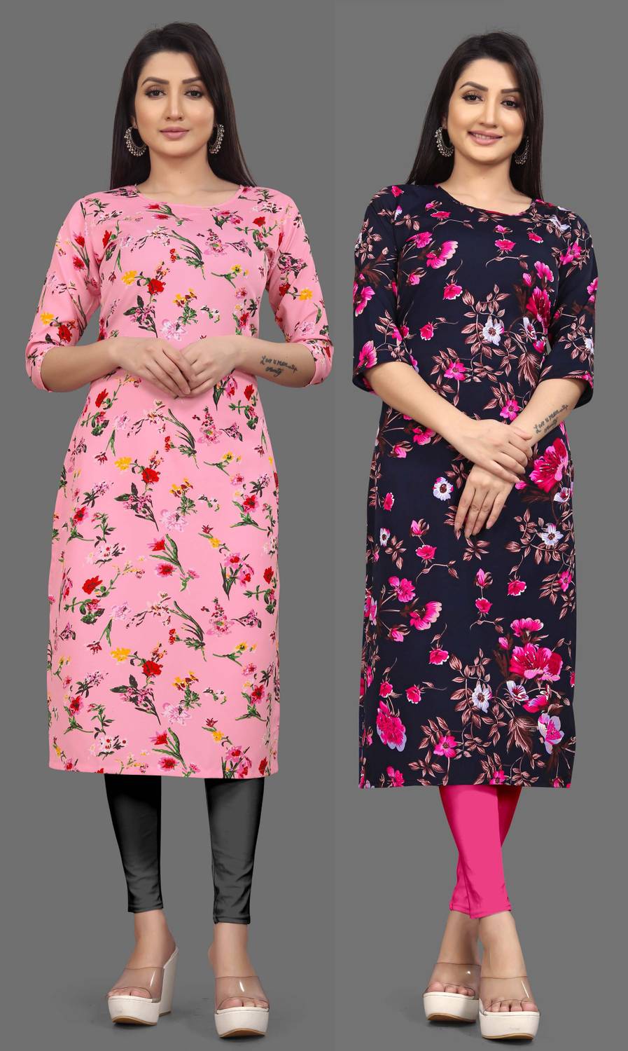 Khushi Fab Pack of 2 Women Floral Print Crepe A-line Kurta (Blue,