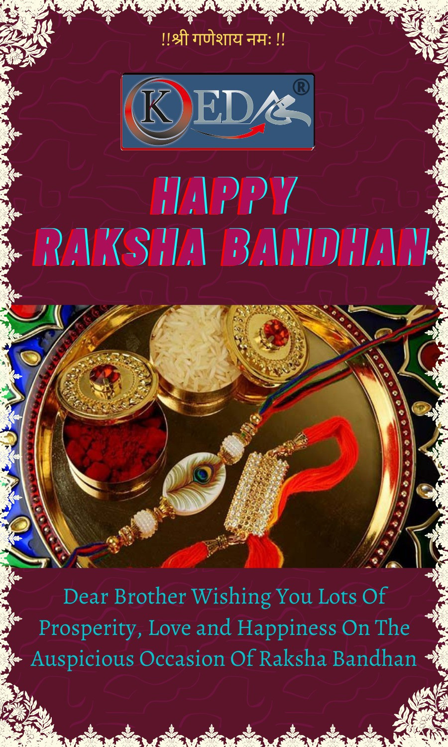 Image of Bracelet 1 CHUDA 1 RAKHI FOR BHAIYA BHABHI Kundan, Mauli Thread Rakhi, Lumba, Chawal Roli Pack, Greeting Card Set by Kedar