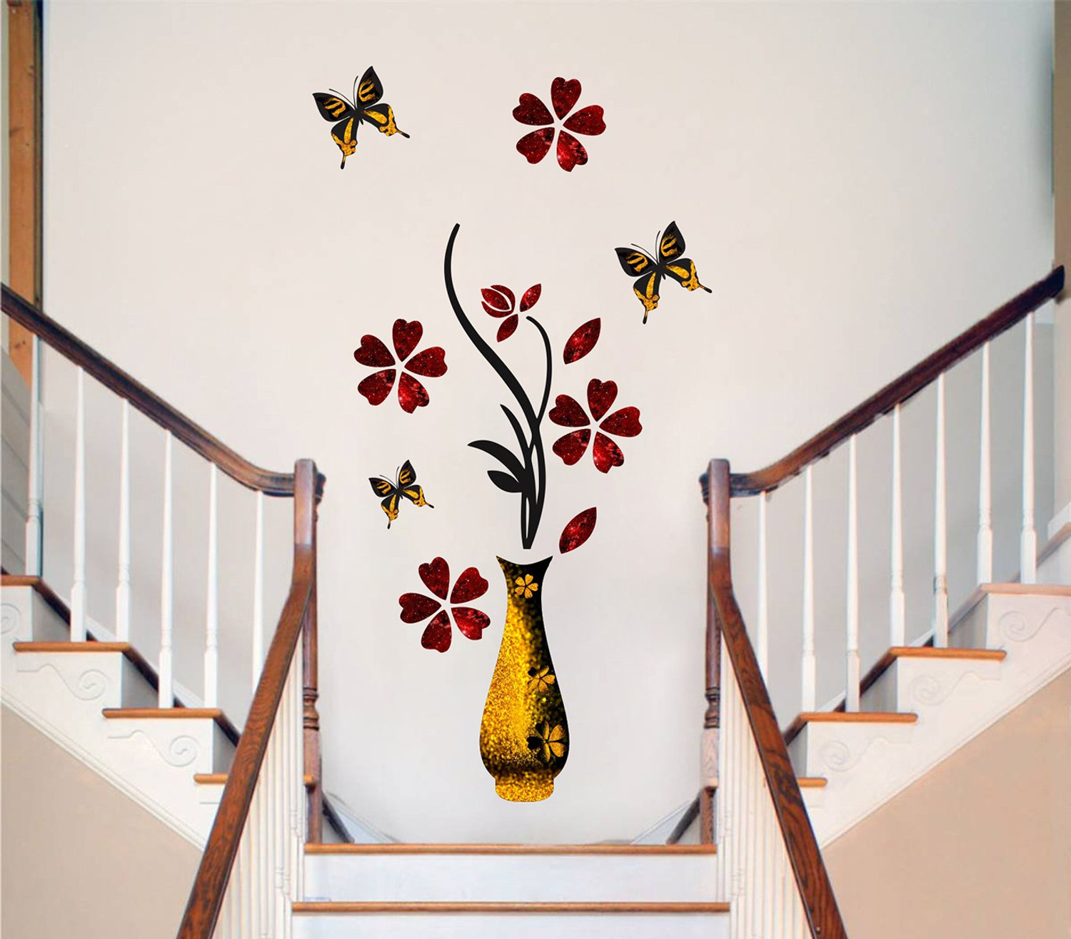 Image of DivineDesigns 40 cm Flowers with Vase Golden Pots Self Adhesive Sticker (Pack of 1)