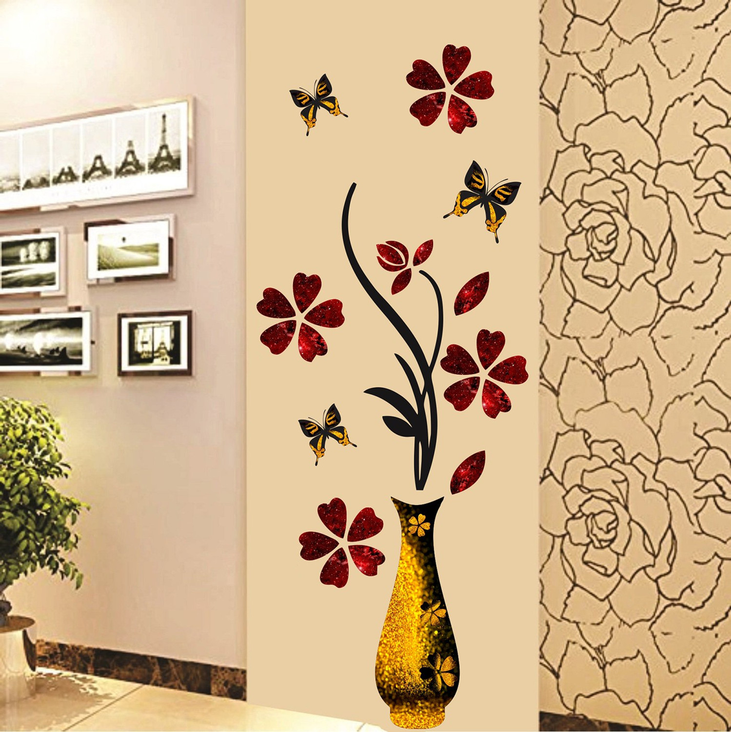Image of DivineDesigns 40 cm Flowers with Vase Golden Pots Self Adhesive Sticker (Pack of 1)