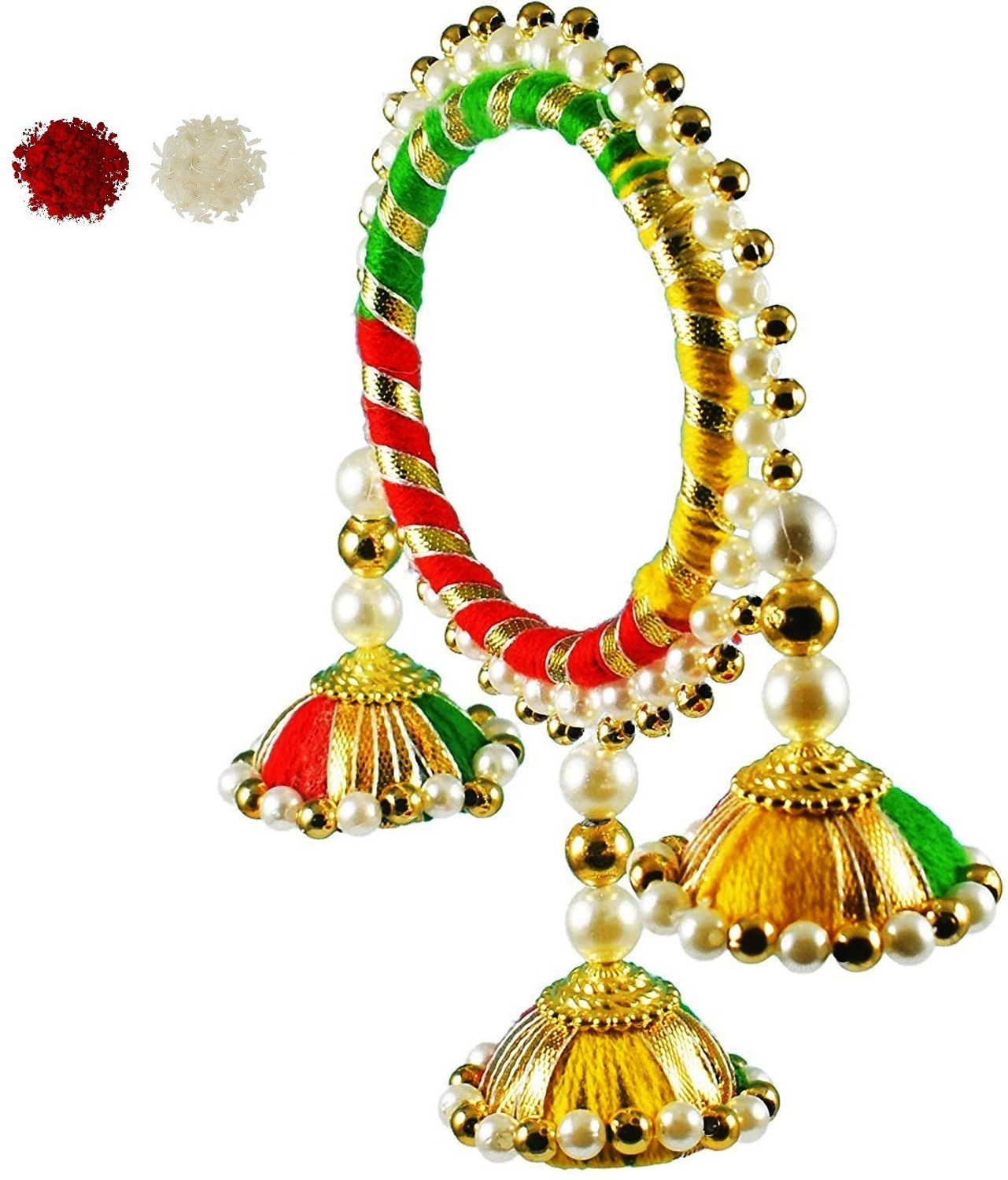 Image of Bracelet 1 CHUDA 1 RAKHI FOR BHAIYA BHABHI Kundan, Mauli Thread Rakhi, Lumba, Chawal Roli Pack, Greeting Card Set by Kedar