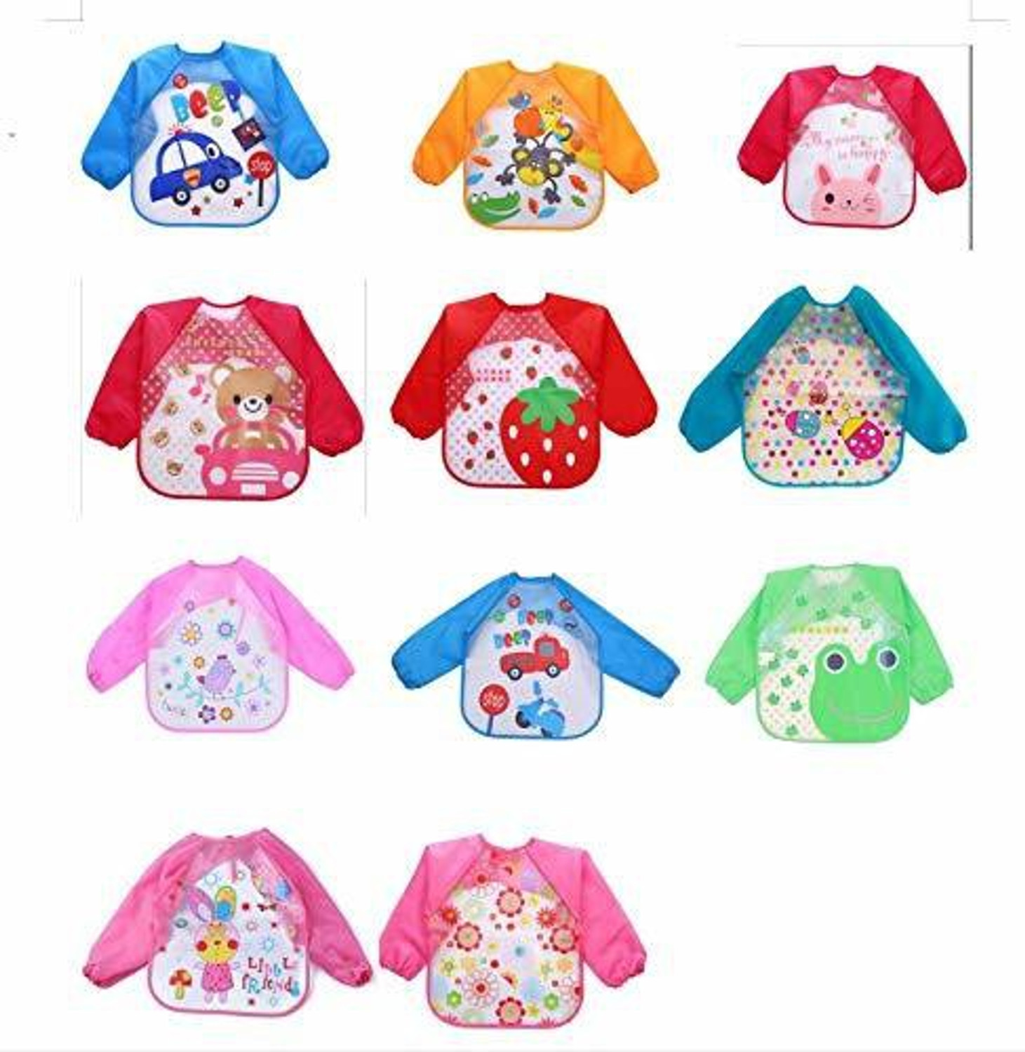 Image of DOMENICO Waterproof Colorful Bib Cute Cartoon Baby Bibs Full Sleeve Apron Feeding Bibs