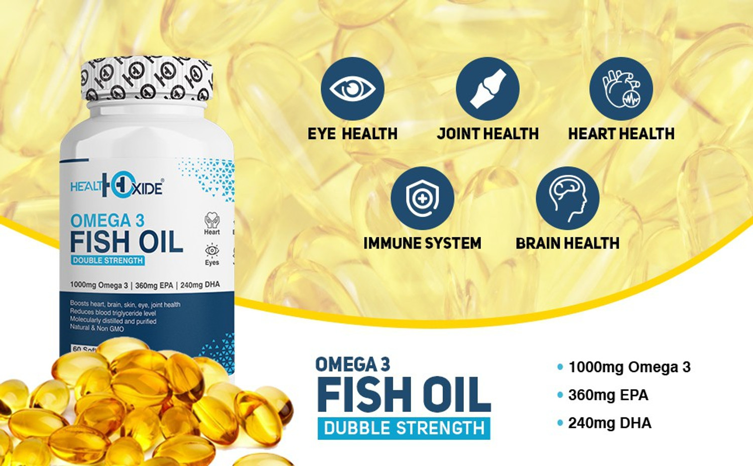 Image of HEALTHOXIDE Omega 3 Fish Oil 1000 mg(360 mg EPA & 240 mg DHA) for brain, heart and eye health.