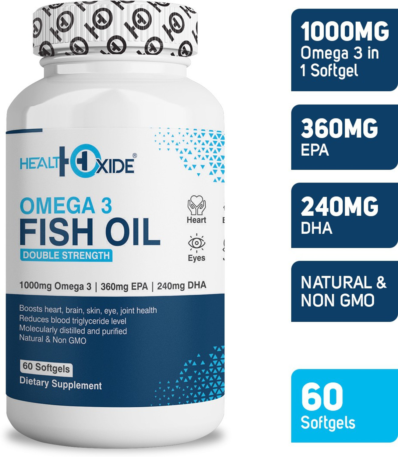 Image of HEALTHOXIDE Omega 3 Fish Oil 1000 mg(360 mg EPA & 240 mg DHA) for brain, heart and eye health.