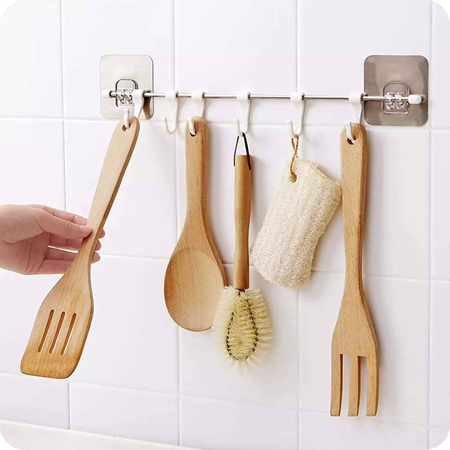 BIYALI 6 Hooks Hanger with Self Adhesive Stainless Steel Rod & Magic Sticker (1) Hook Rail 6