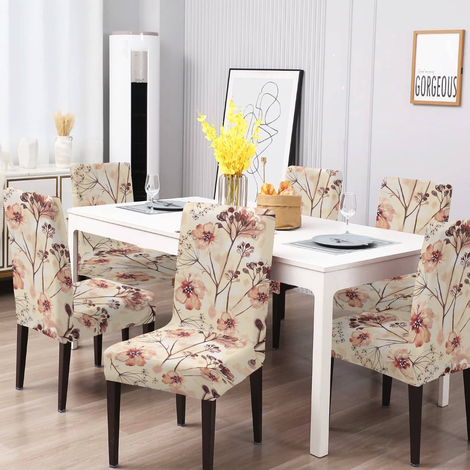 DECORIAN Polycotton 1 Seater Chair Floral Cover (Pack of 6 Gold)