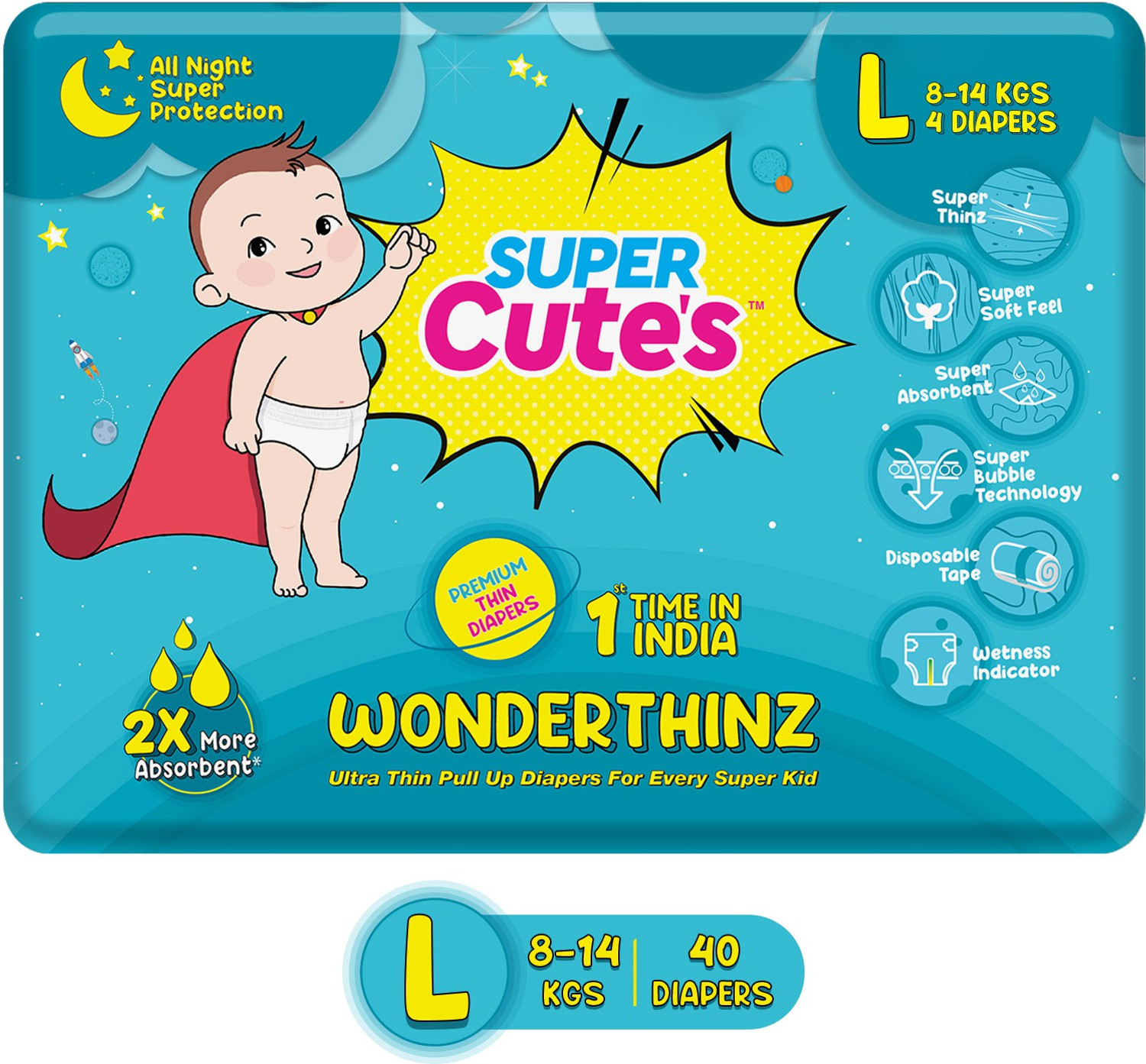 Image of Super Cute's Premium Ultra Thin Diaper Pants with Wetness Indicator 2x Absorption & Comfort Pant Diapers - L