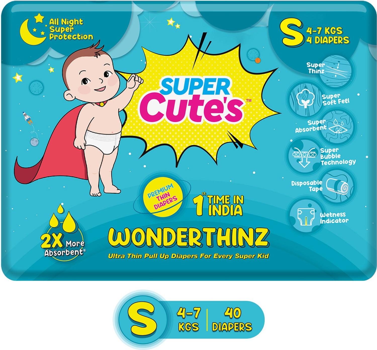 Image of Super Cute's Premium Ultra Thin Diaper Pants with Wetness Indicator 2x Absorption & Comfort Pant Diapers - S