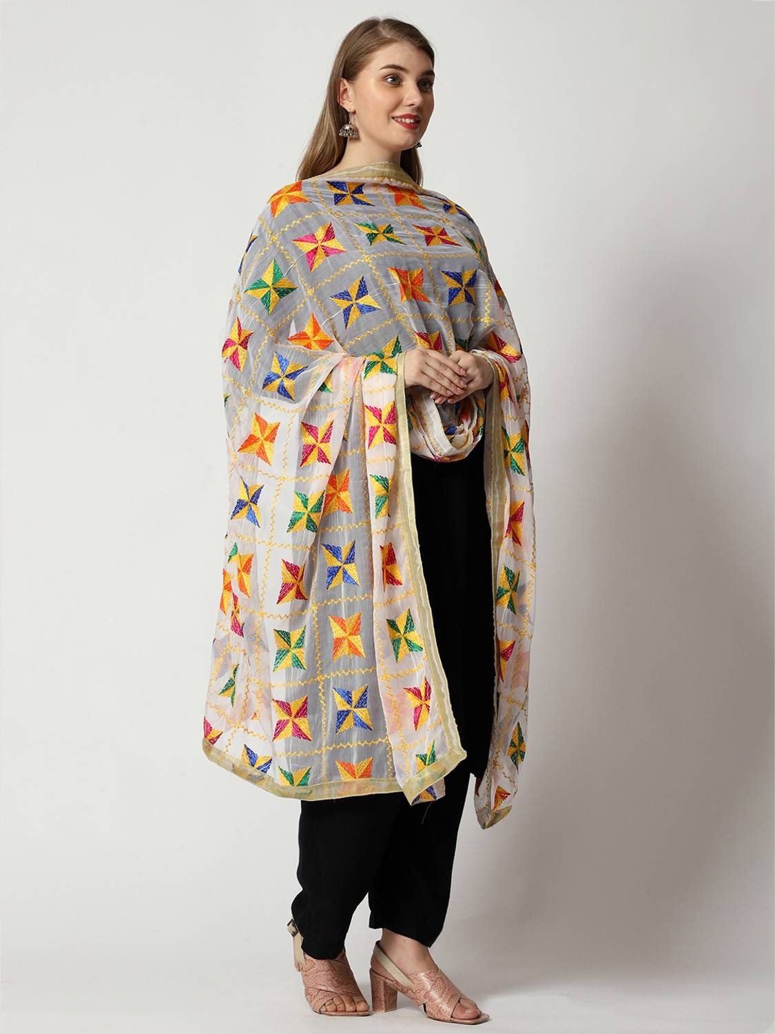 WEAVERS VILLA Nylon Embroidered White Women Dupatta