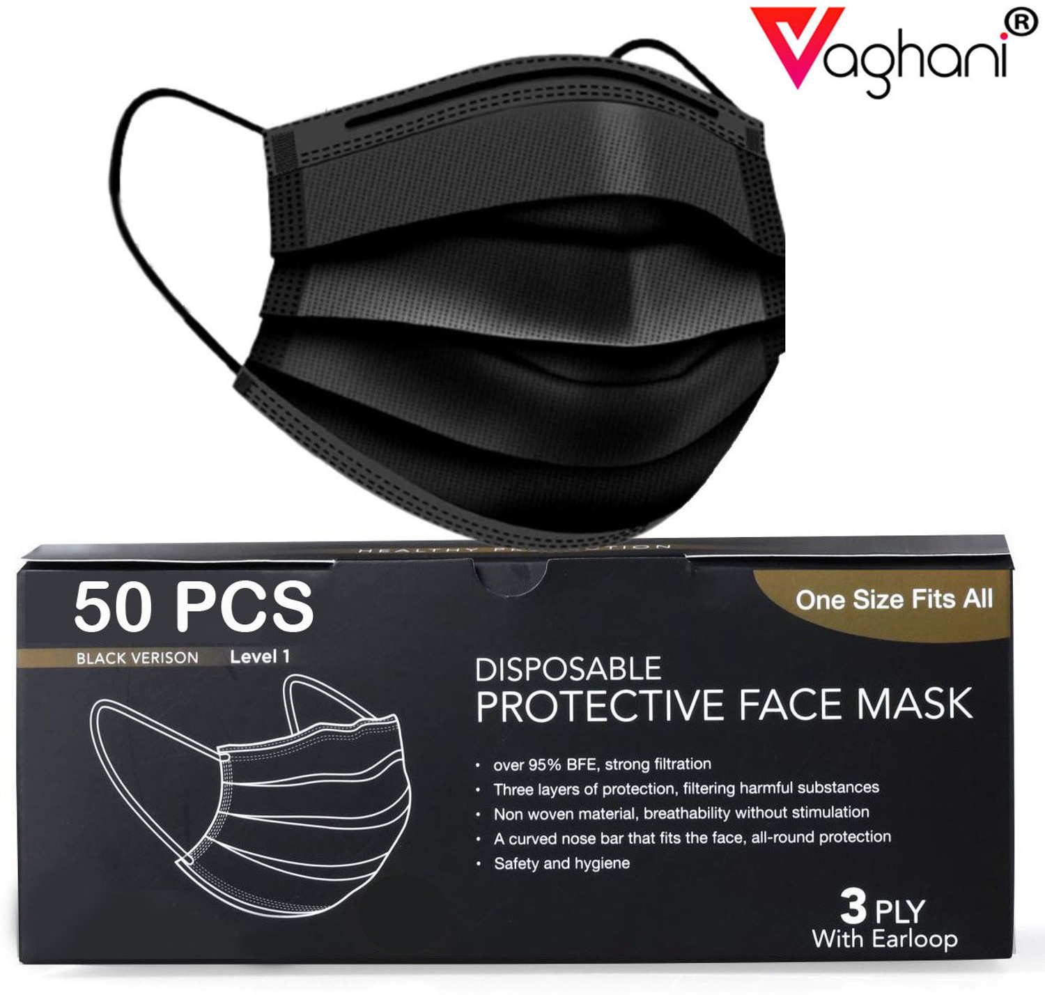 Image of Vaghani 50 Black Units With Nose Pin Disposable Iso Mark 3 Ply Pharmaceutical Breathable Surgical Pollution Face Mask Respirator with 3 Layer For Men, Women, Kids 3 Ply Surgical Mask (50 Piece) ( With Nose Pin )( Black ) Surgical Mask With Melt Blown Fabric Layer