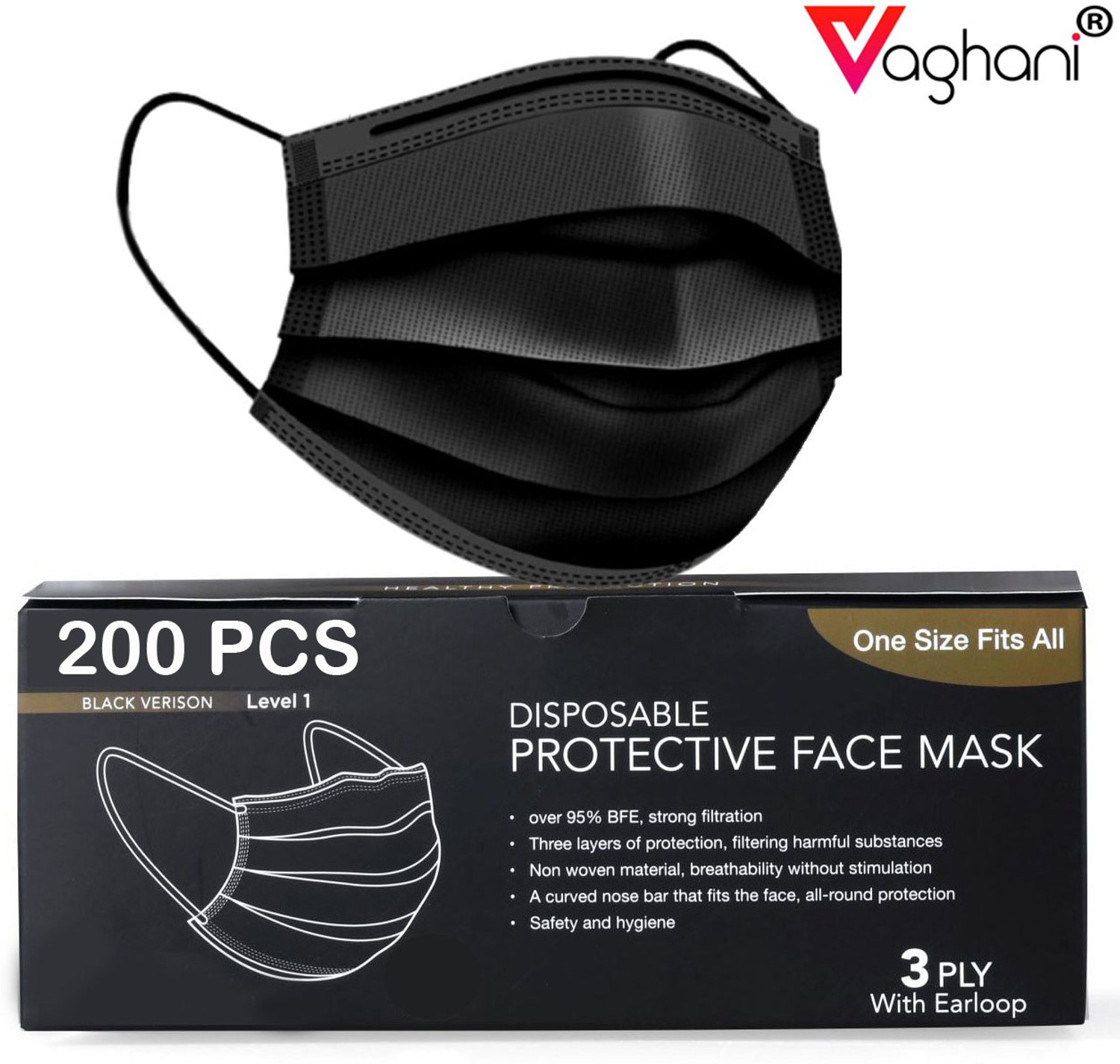 Image of Vaghani 200 Black Units With Nose Pin Disposable Iso Mark 3 Ply Pharmaceutical Breathable Surgical Pollution Face Mask Respirator with 3 Layer For Men, Women, Kids 3 Ply Surgical Mask (200 Piece) ( With Nose Pin )( Black ) Surgical Mask With Melt Blown Fabric Layer