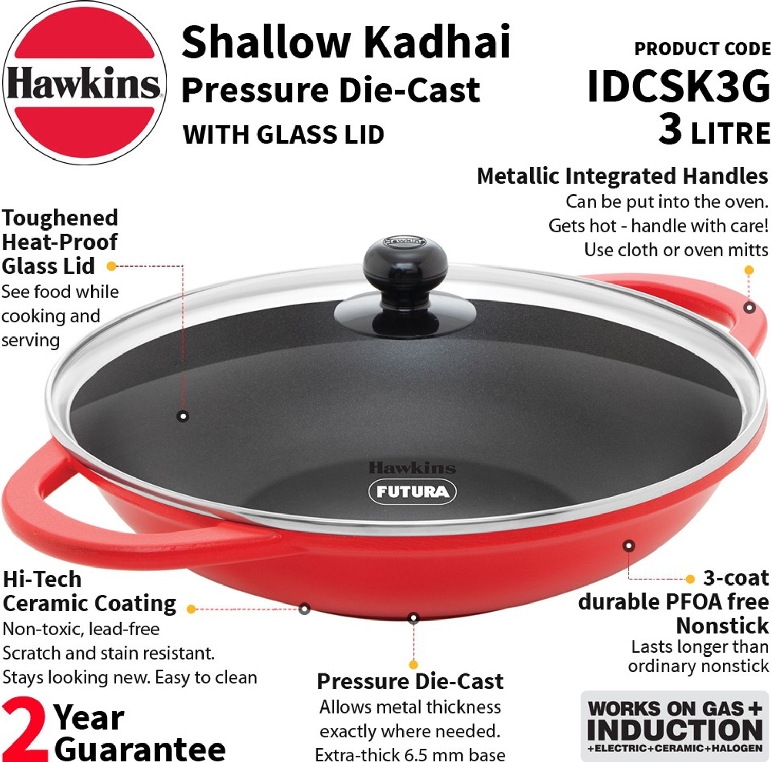 Image of Hawkins Die-Cast Deep-Fry Pan, Glass (IDCSK3G) Kadhai 30.4 cm diameter with Lid 3 L capacity