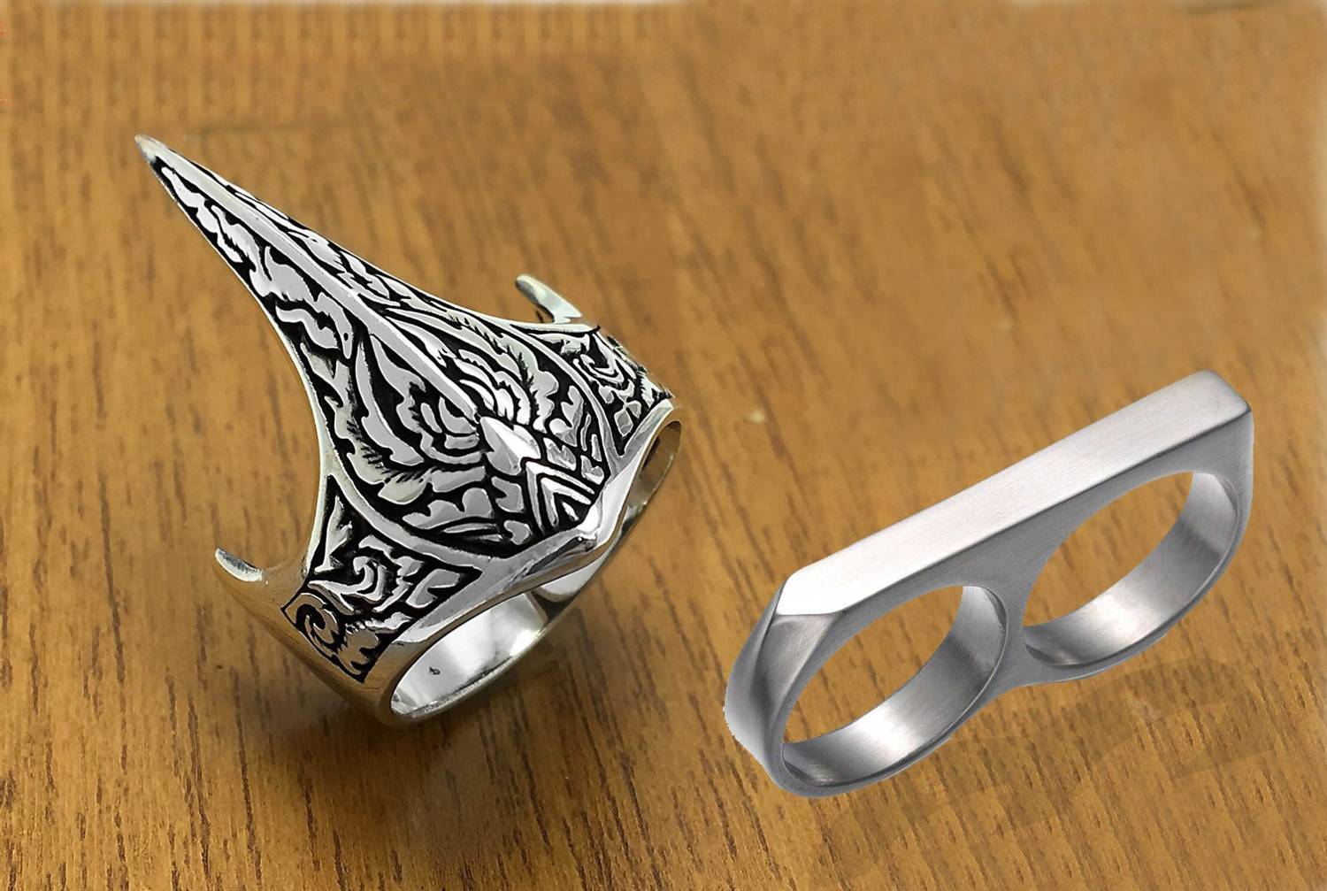 Syfer Double Finger & Eagle Design Ring, Silver - Image 1