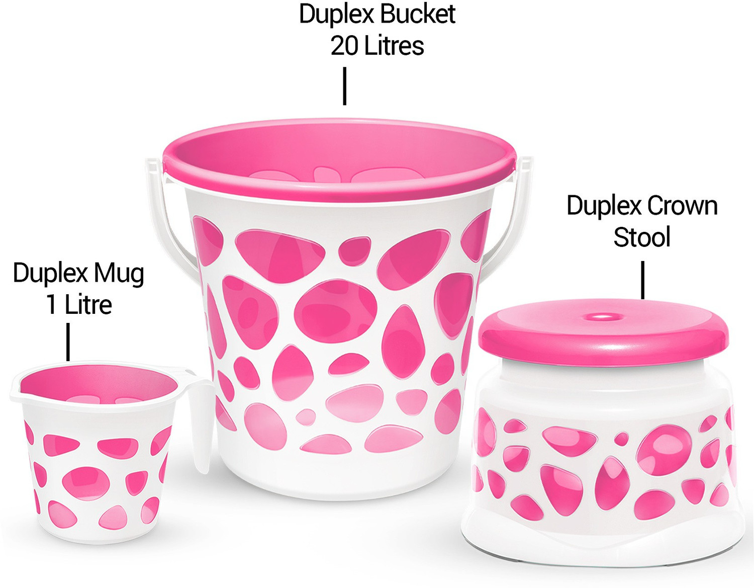 Image of MILTON Duplex Spa 3 Piece Set, Pink | 20 Ltrs Bucket, Mug & Stool | Bathroom Accessory 20 L Plastic Bucket