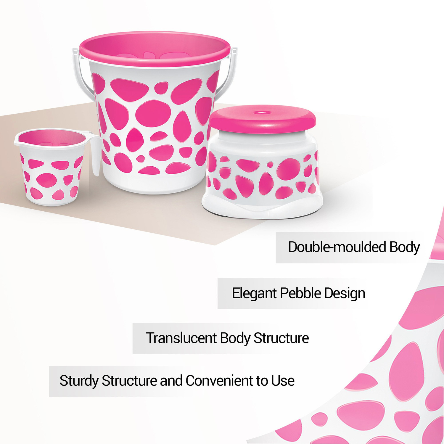 Image of MILTON Duplex Spa 3 Piece Set, Pink | 20 Ltrs Bucket, Mug & Stool | Bathroom Accessory 20 L Plastic Bucket