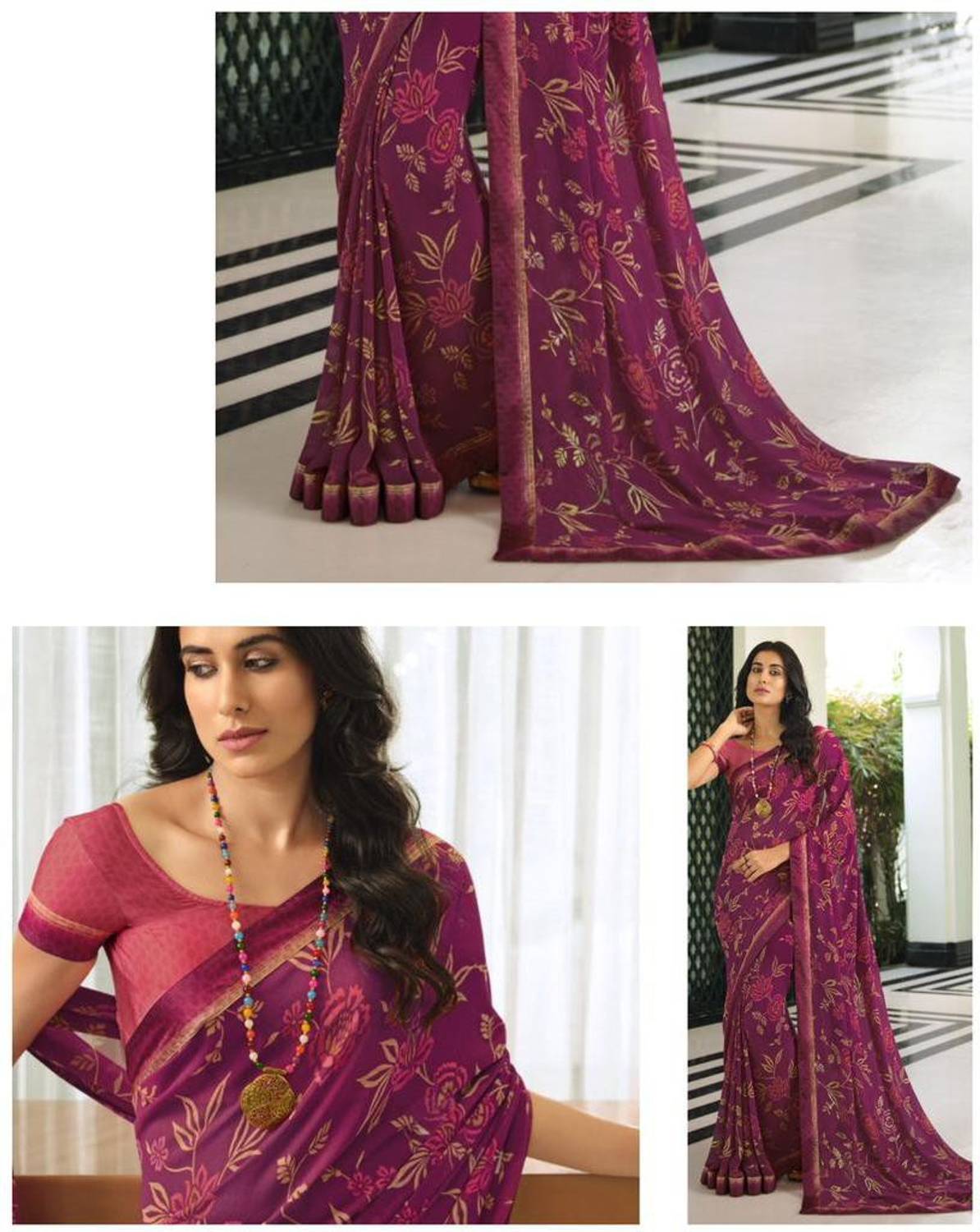 BLEESBURY Printed, Self Design, Paisley, Ombre, Animal Print, Graphic Print, Floral Print Bollywood Georgette, Chiffon Saree
