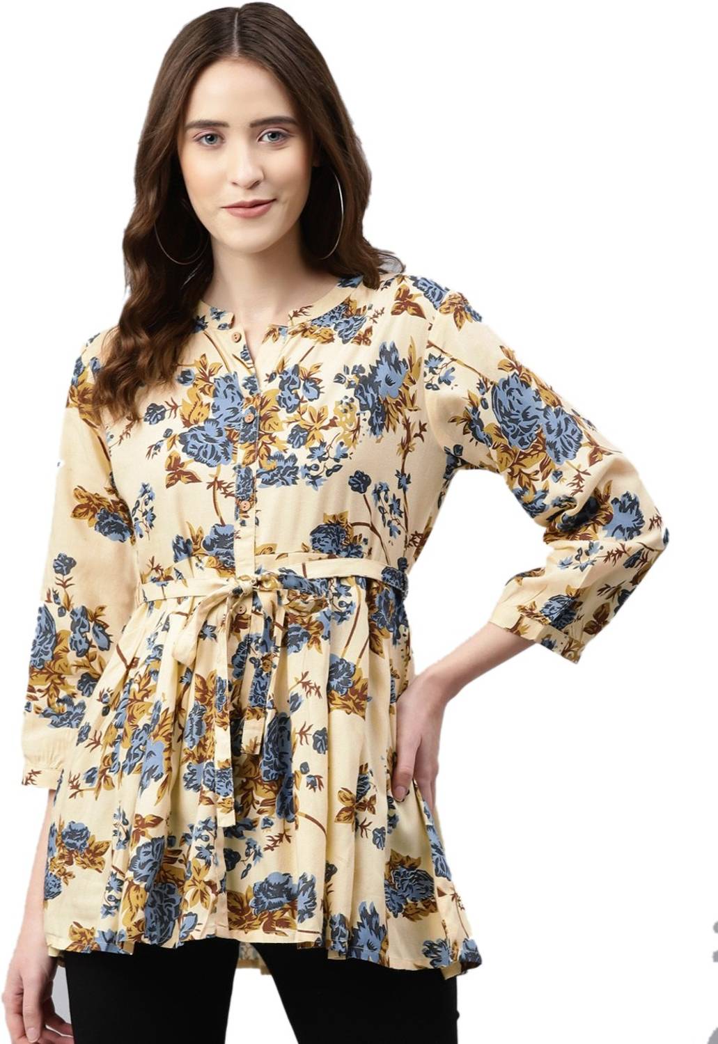 aayusika Casual Floral Print Women Beige Top