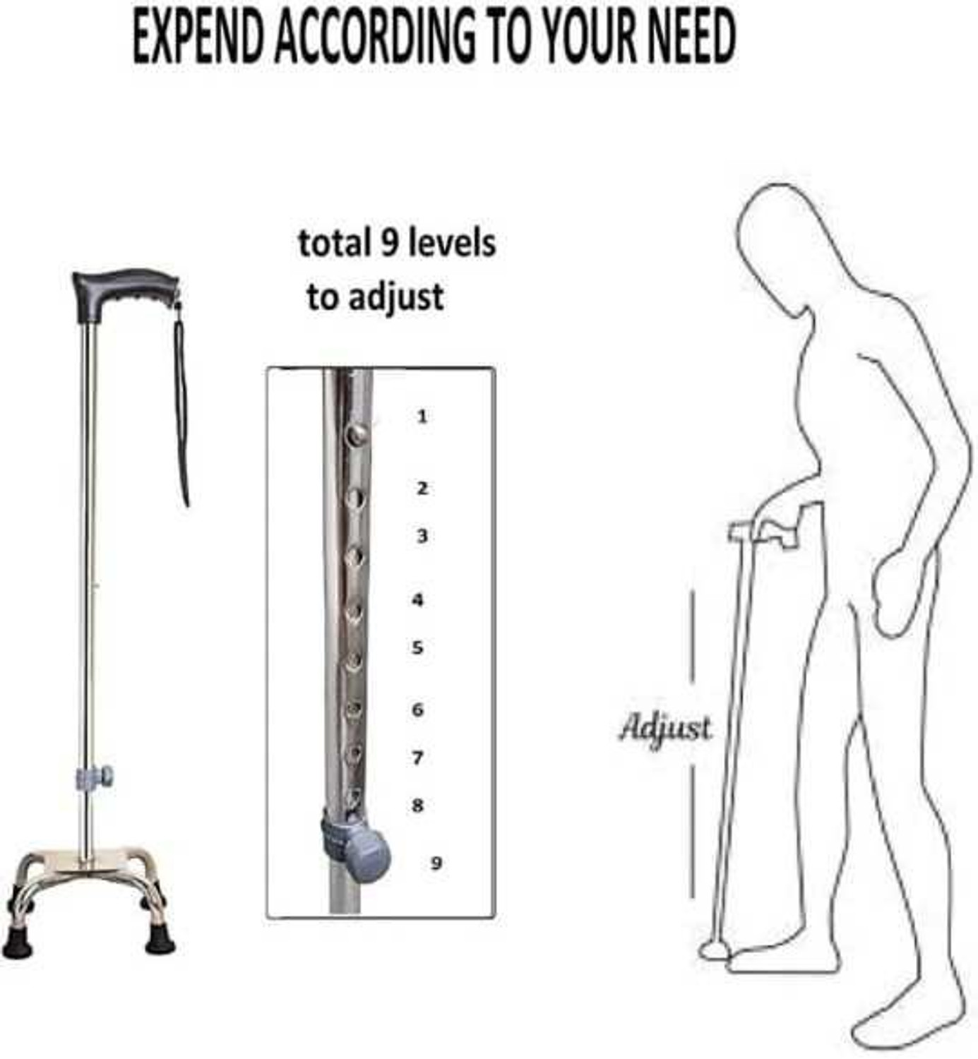 Image of GOODMAX SURGICAL 4 LEG chrome height Adjustable Men /Women Walking Stick Walking Stick