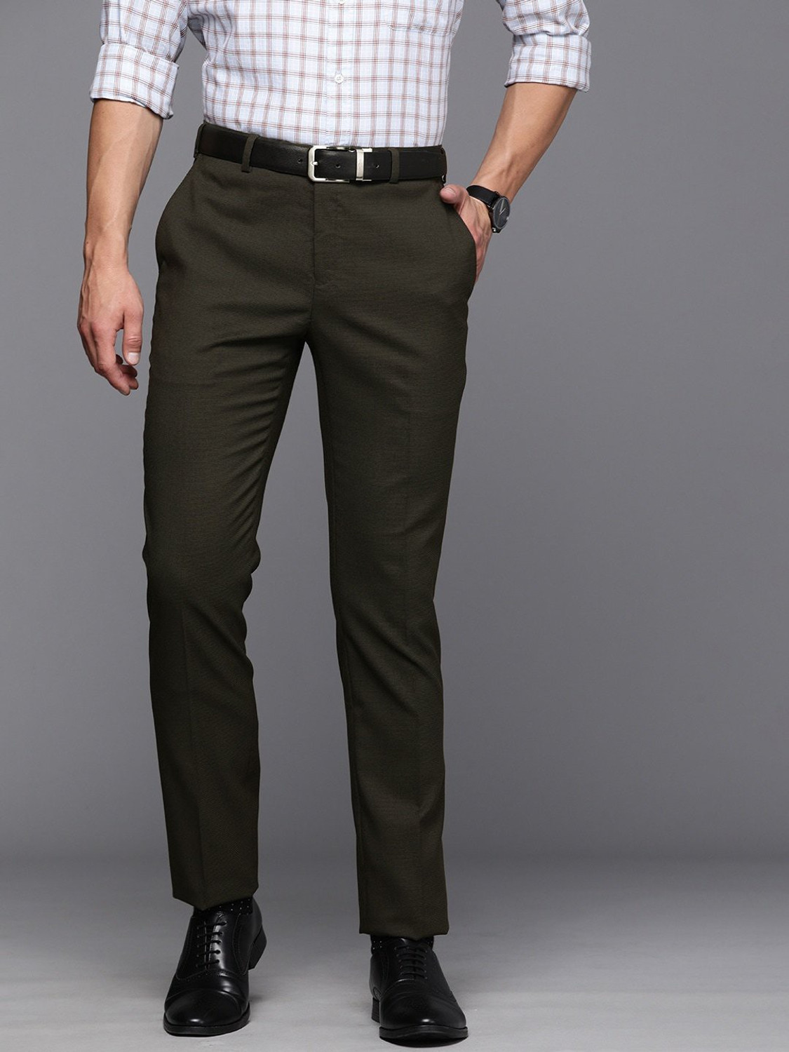 Image of Raymond Men Slim Fit Dark Green Viscose Rayon Trousers