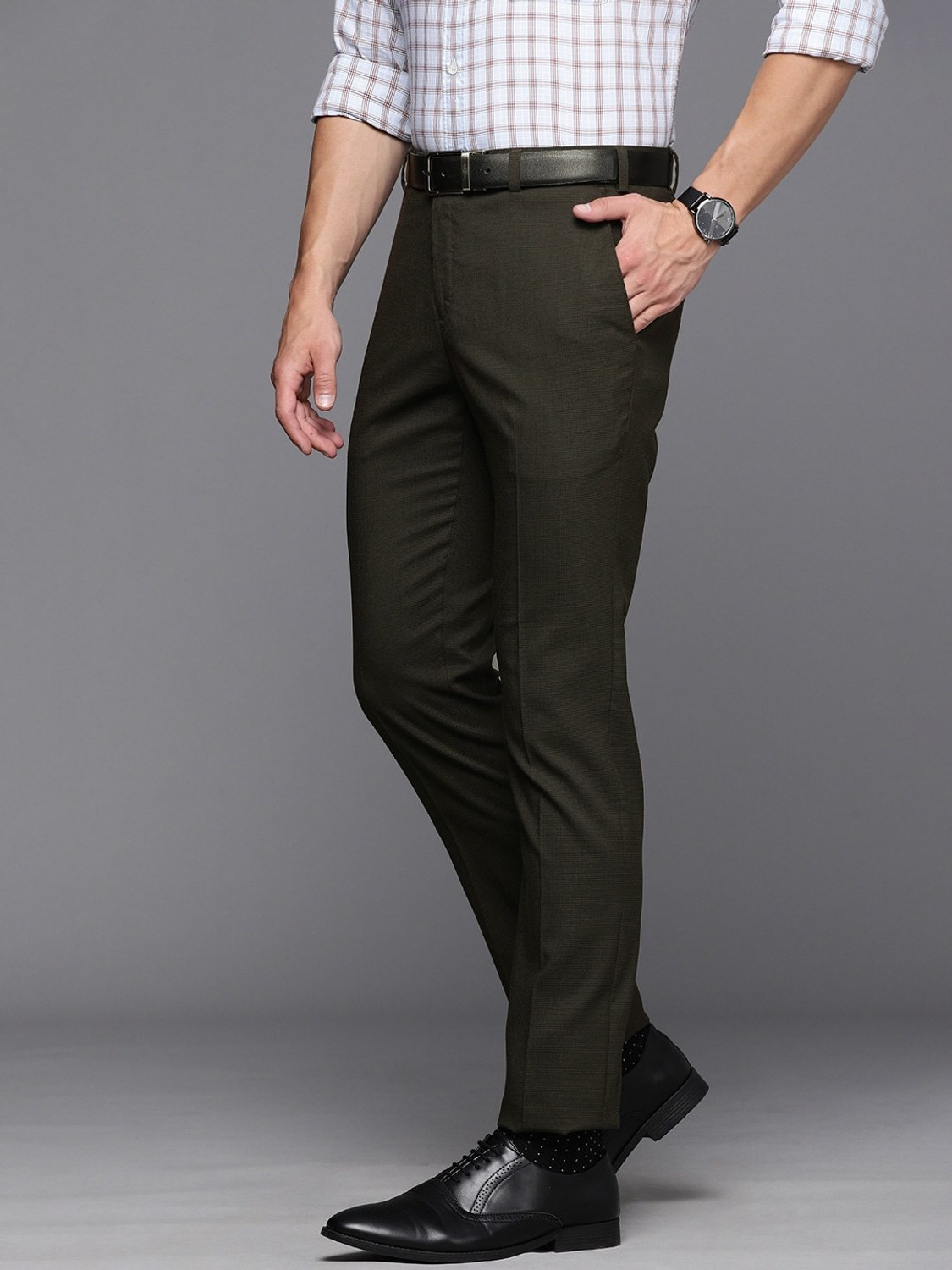Image of Raymond Men Slim Fit Dark Green Viscose Rayon Trousers