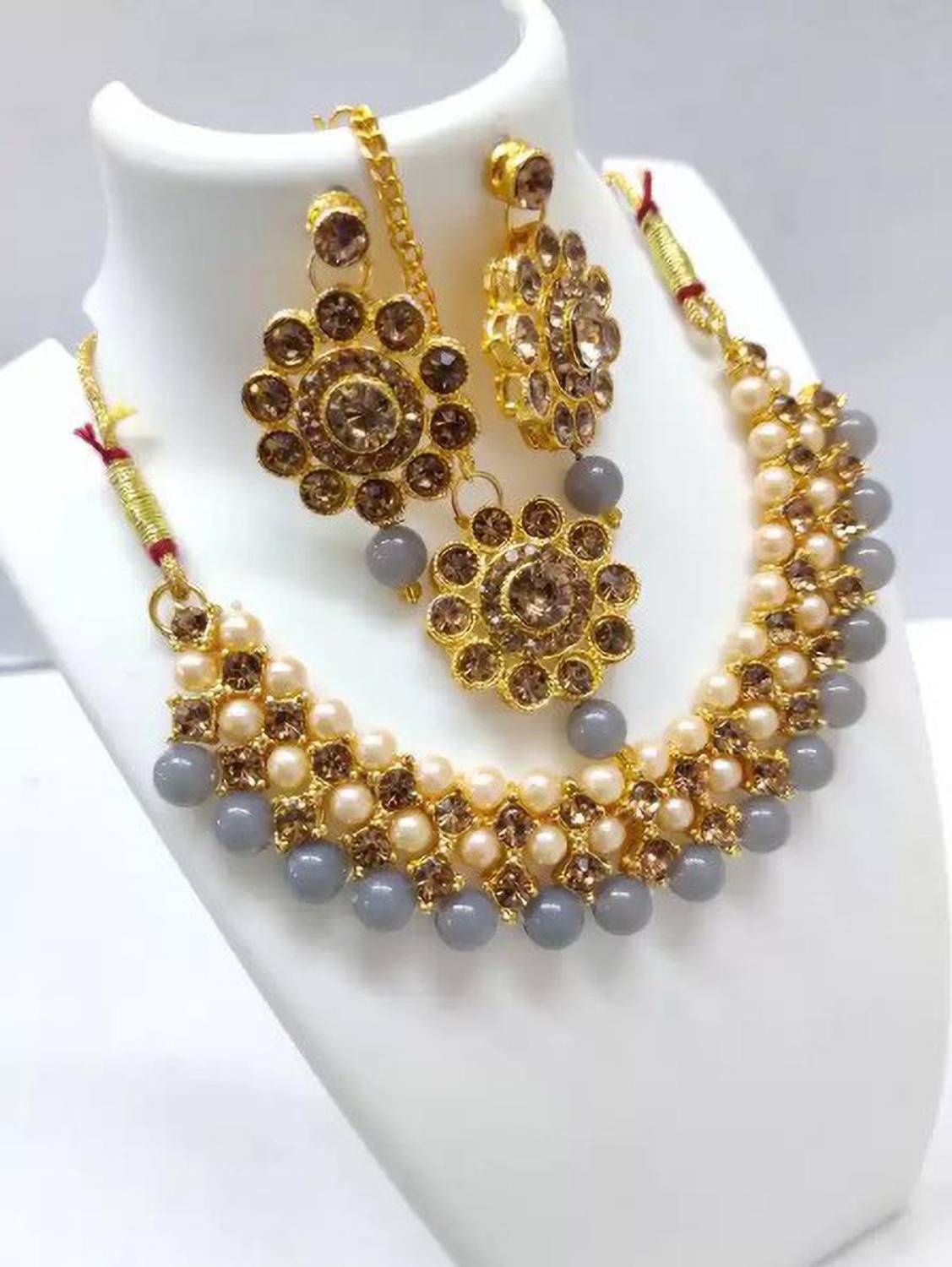 ABHRIK IMITATION Crystal Gold-plated Gold, Grey Jewellery Set