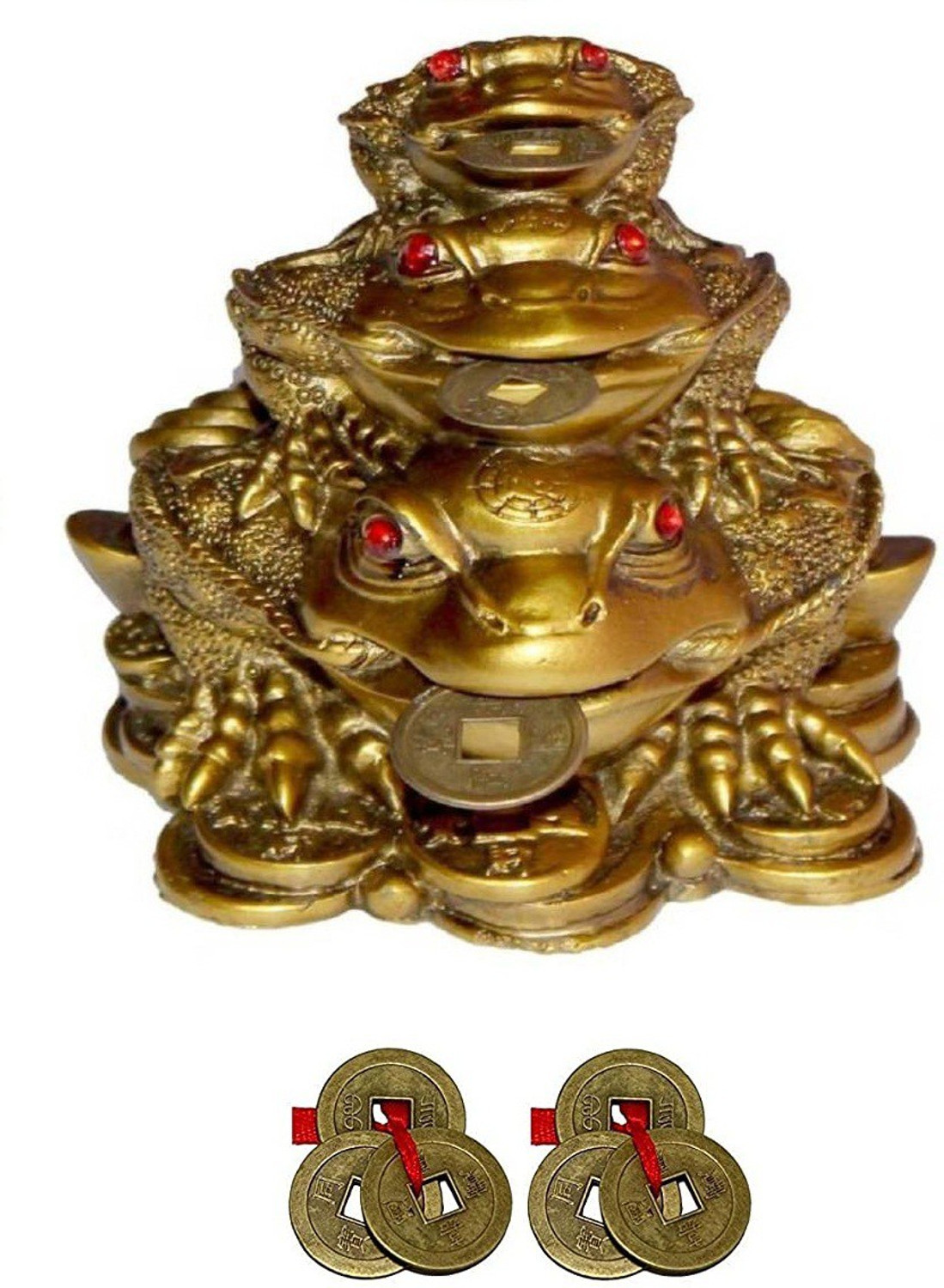 Image of APNA KANHA Triple Luck Money Frog Family with 2 Lucky Coin Set Decorative Showpiece - 9.5 cm