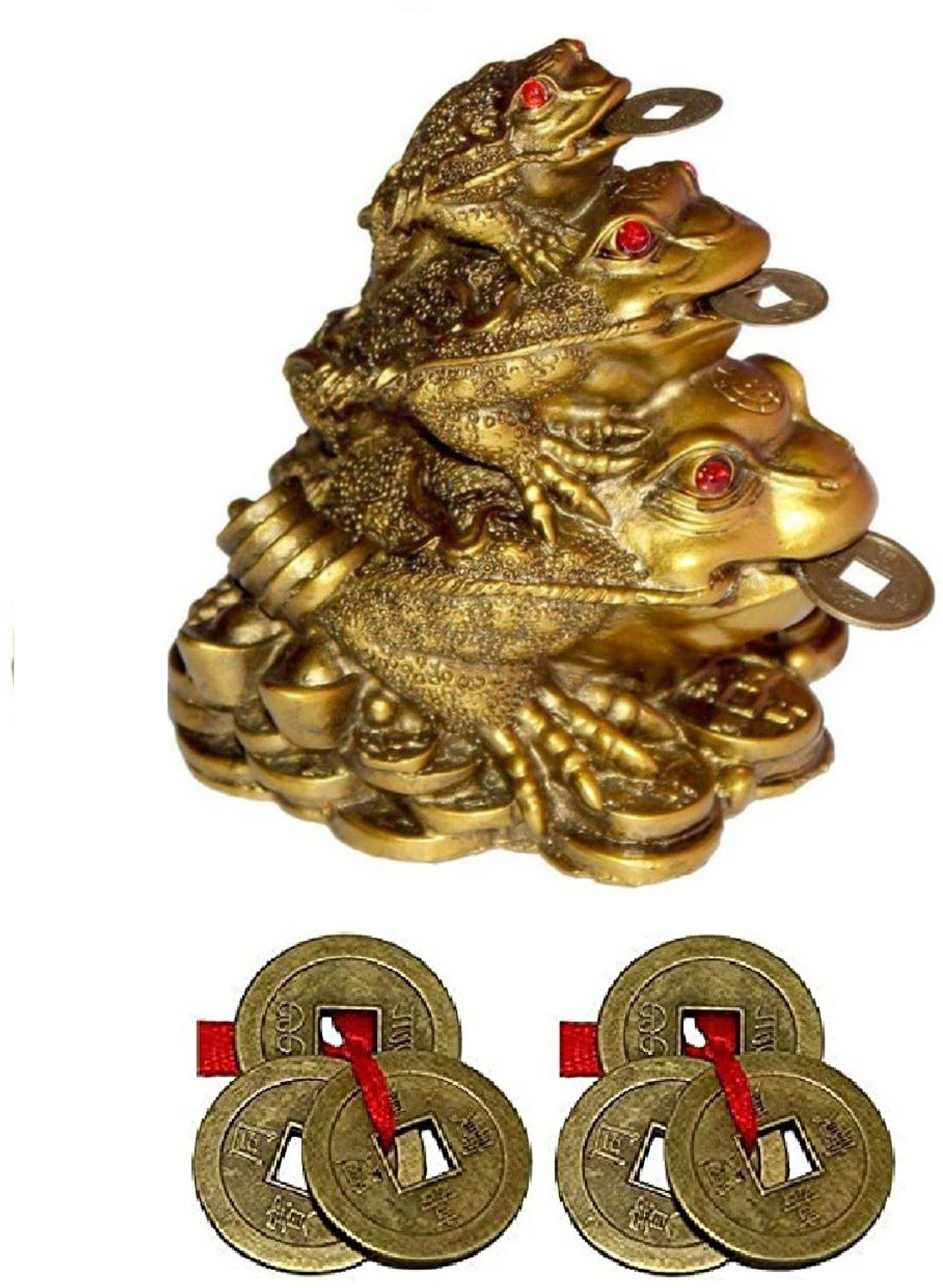 Image of APNA KANHA Triple Luck Money Frog Family with 2 Lucky Coin Set Decorative Showpiece - 9.5 cm
