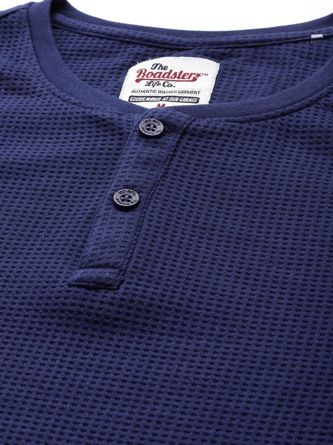 Image of Roadster Self Design Men Henley Neck Dark Blue T-Shirt