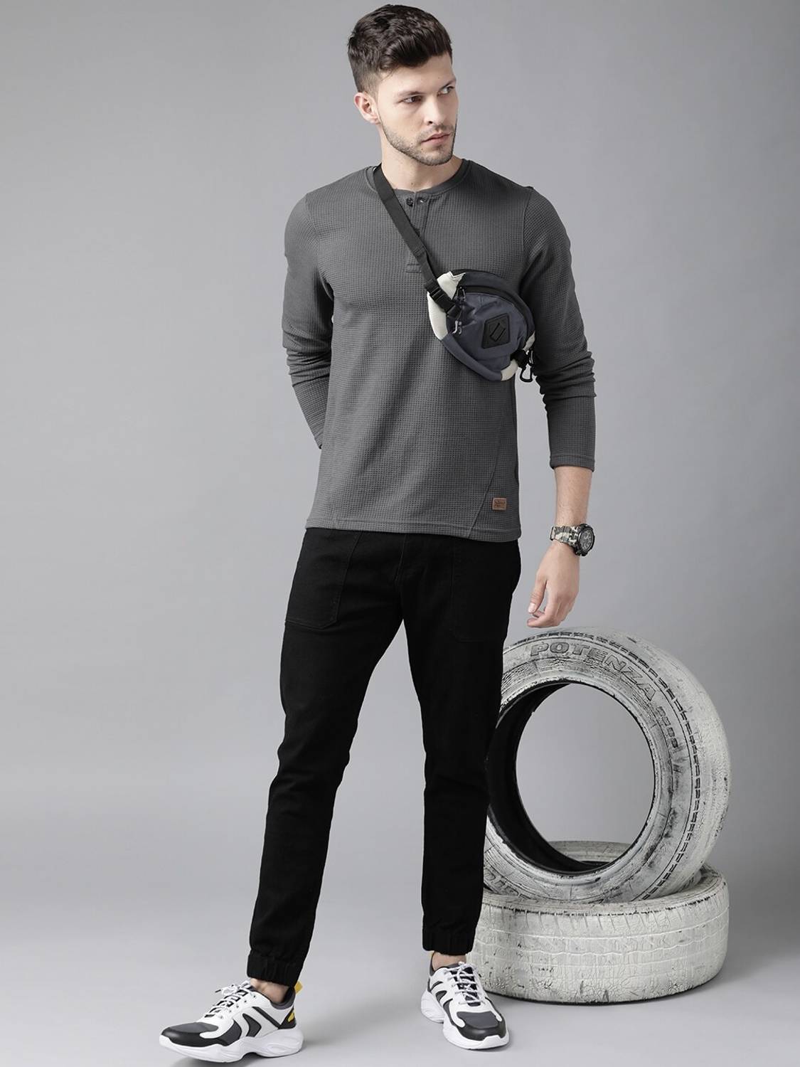 Roadster Men Henley Neck Grey T-Shirt - Image 4