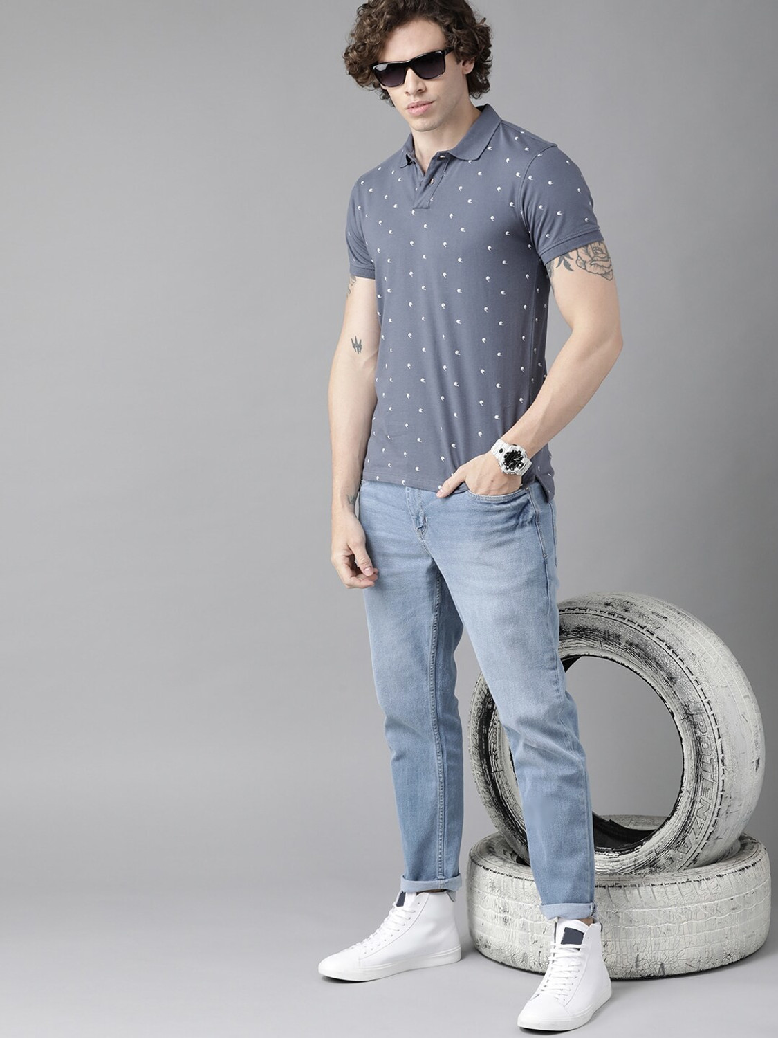 Image of Roadster Printed Men Polo Neck Grey T-Shirt