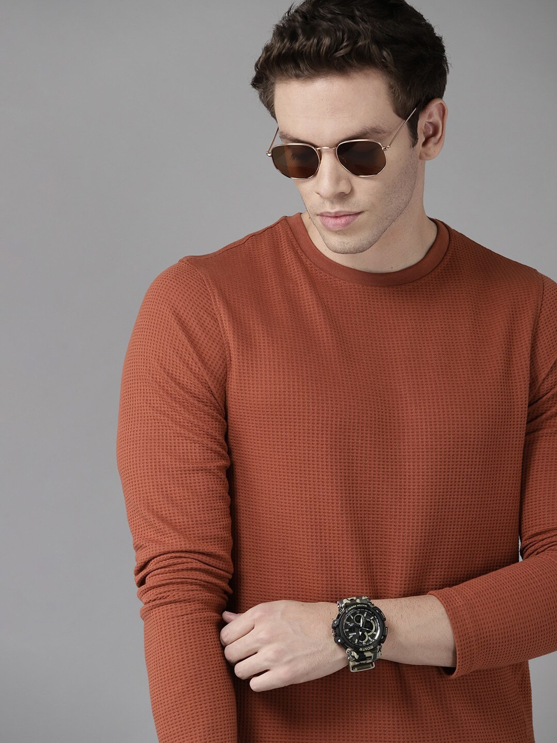 Roadster Self Design Men Round Neck Red T-Shirt